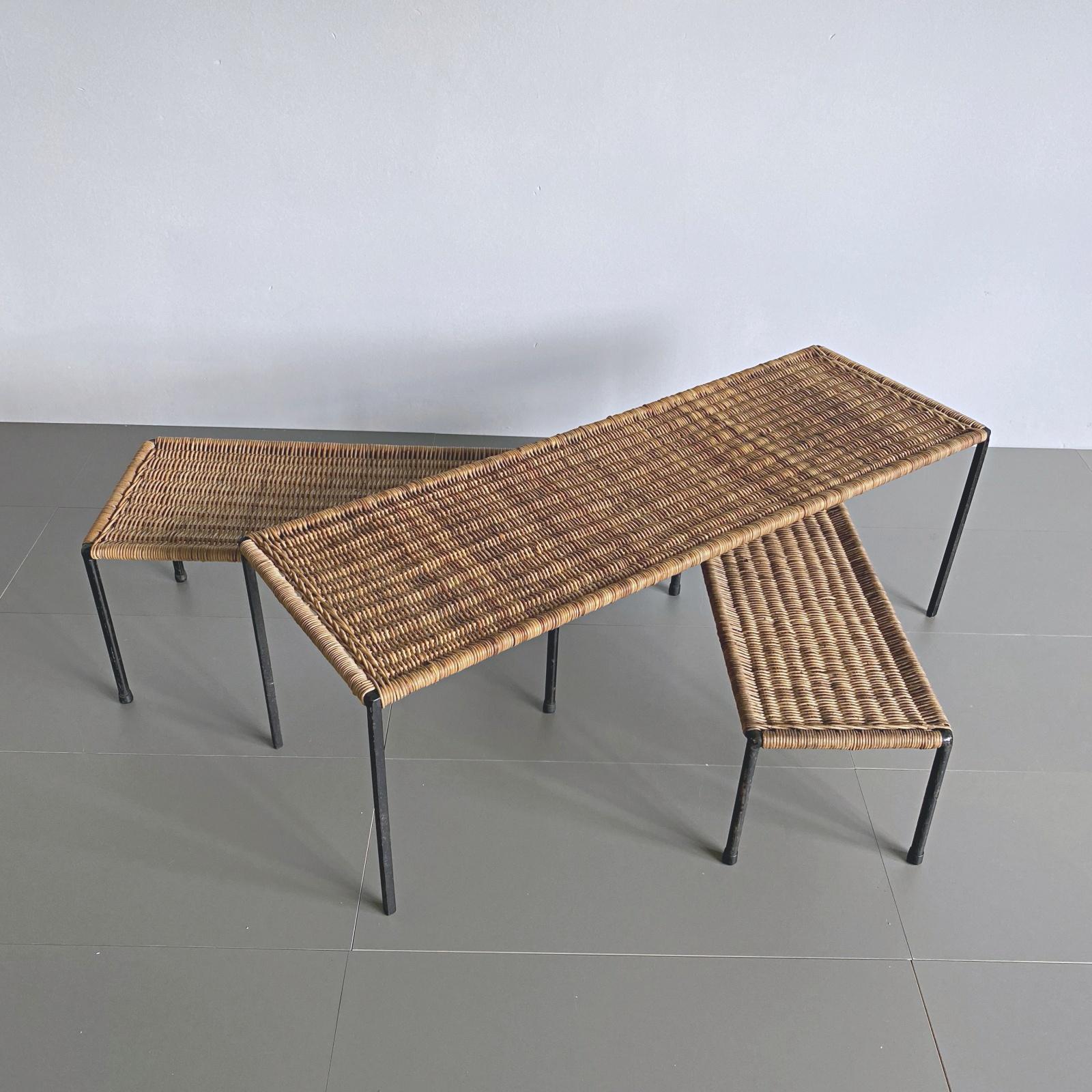 Metalwork Three Mid-Century Modern Carl Aub�öck Rattan Coffee & Side Table, 1950s, Austria