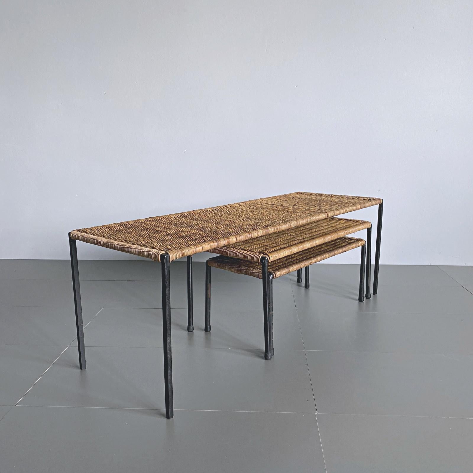 Metal Three Mid-Century Modern Carl Auböck Rattan Coffee & Side Table, 1950s, Austria