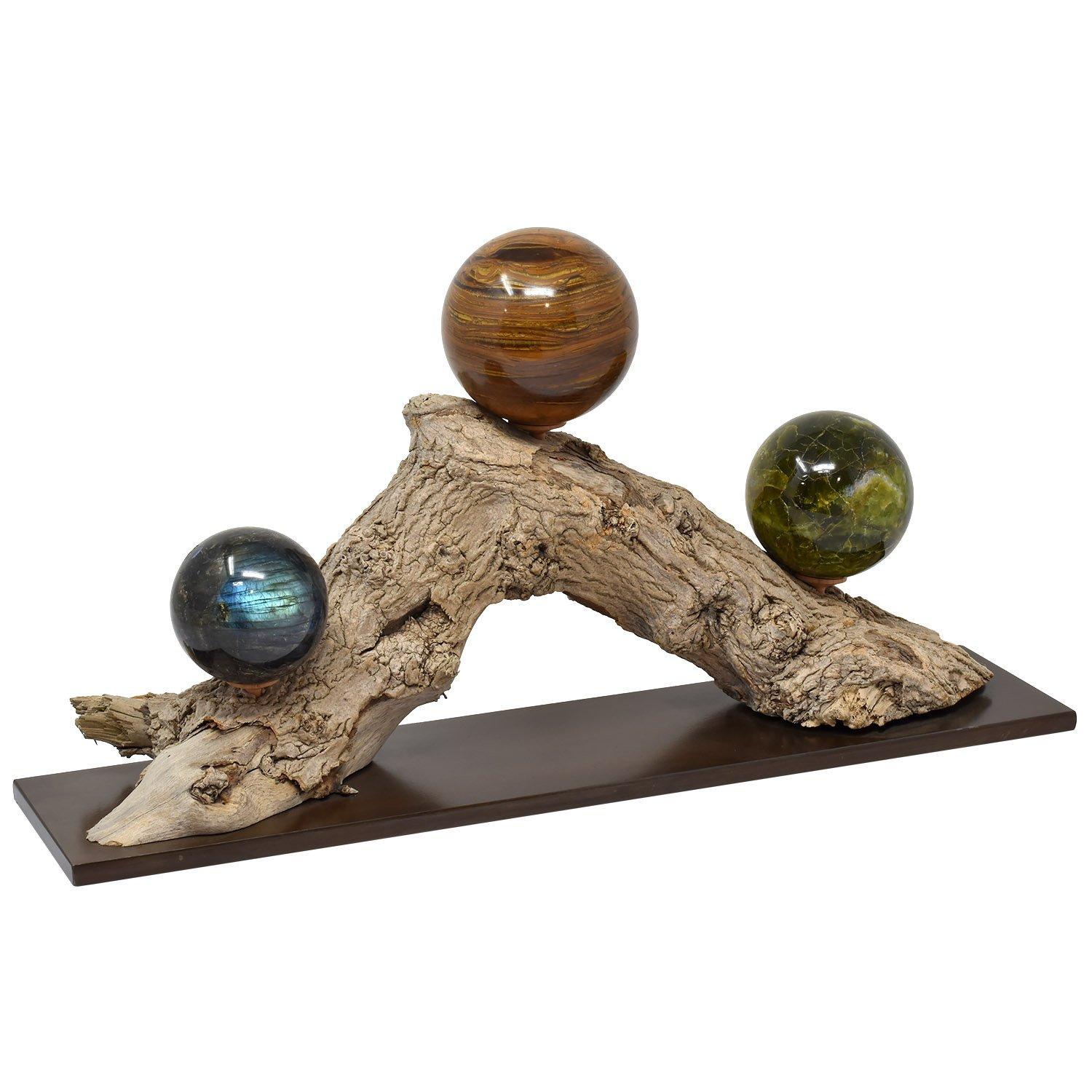Three Mineral Spheres mounted on an Organic wood branch #ZW1

Labradorite, Tiger Iron Jasper, and Green Opal
Set of 3 as pictured
Measures: Diameters from left to right: 2.5, 3.25, 3 in./ 6.5, 8.25, 7.5 cm

Custom mounted to complement the
