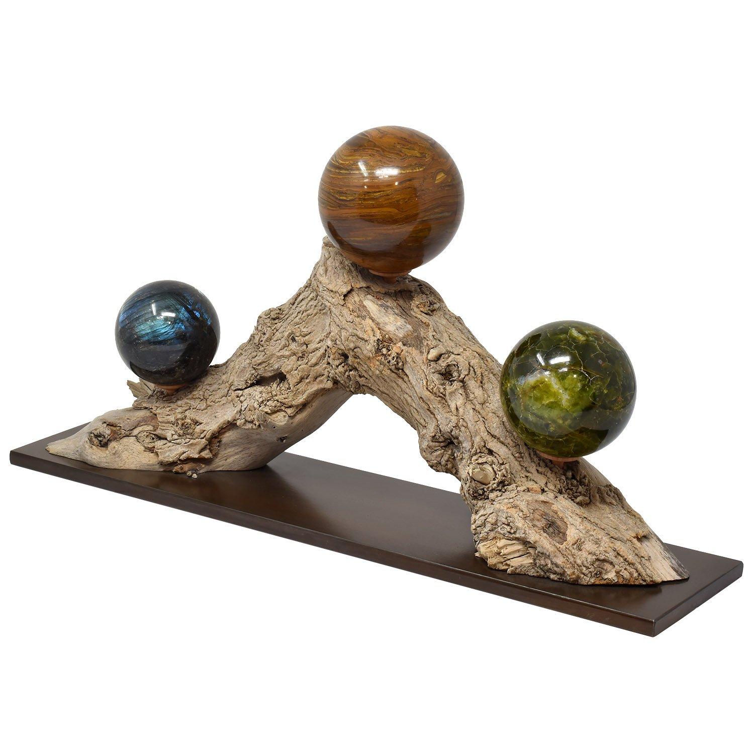 Other Three Mineral Spheres Mounted on an Organic Wood Branch