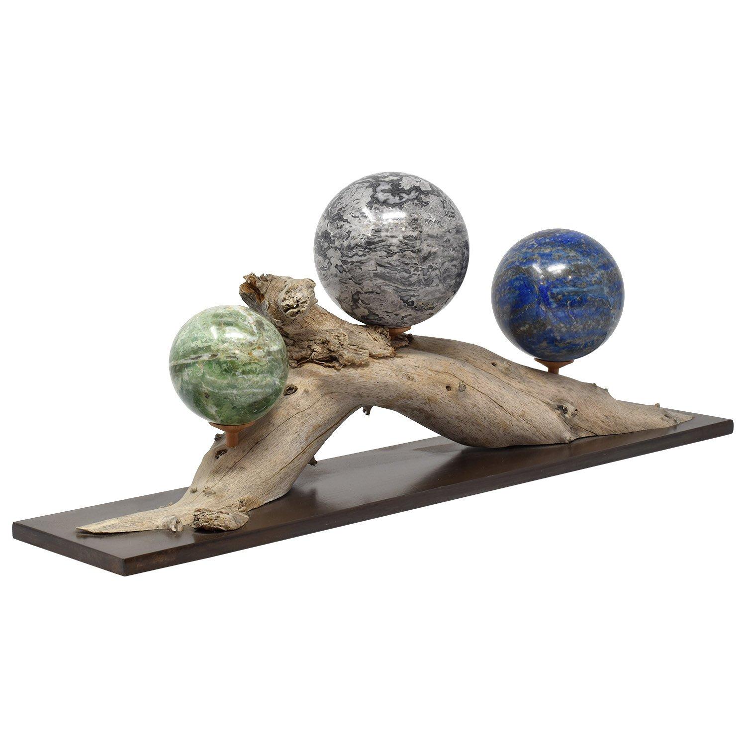 Grand Tour Three Mineral Spheres Mounted on an Organic Wood Branch