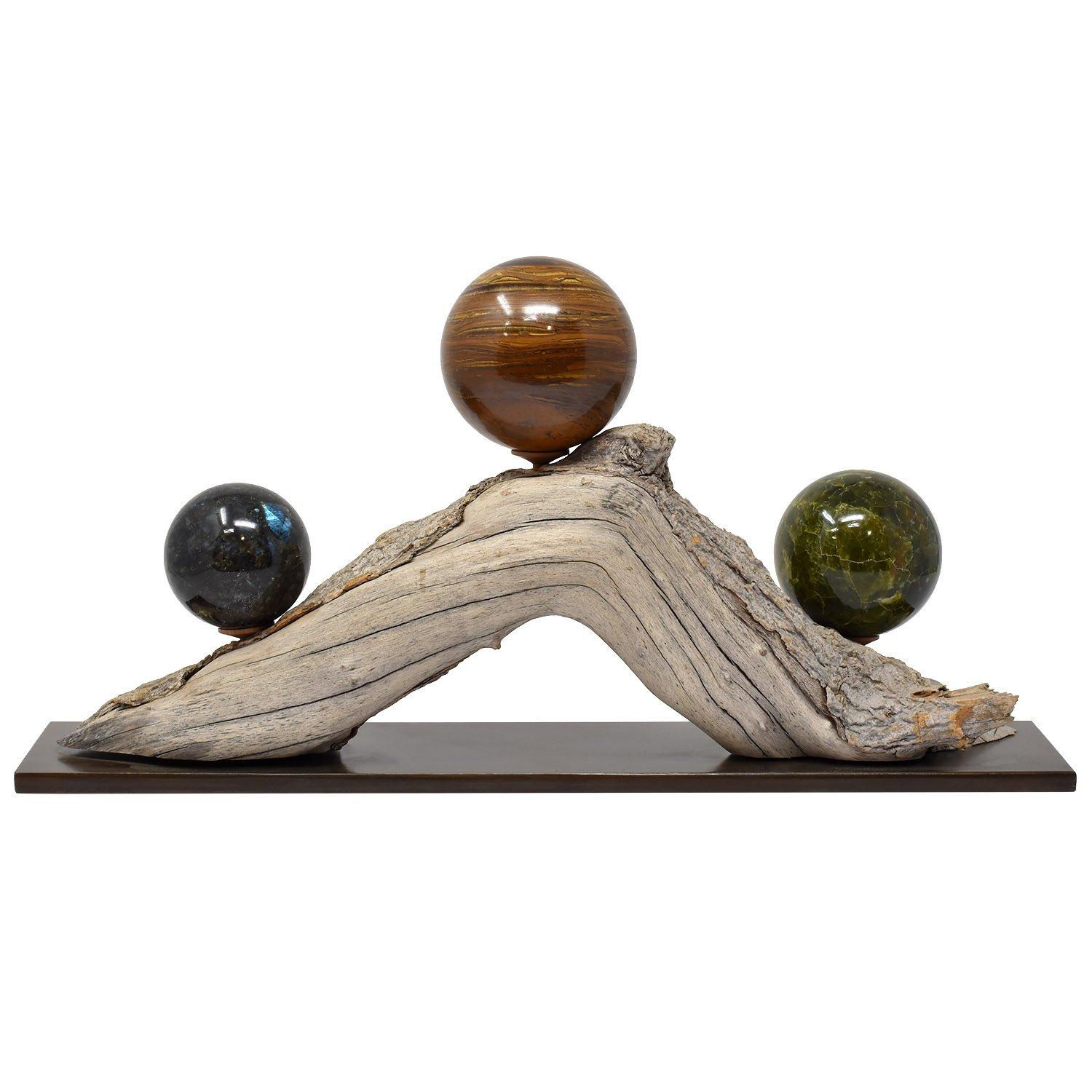 American Three Mineral Spheres Mounted on an Organic Wood Branch