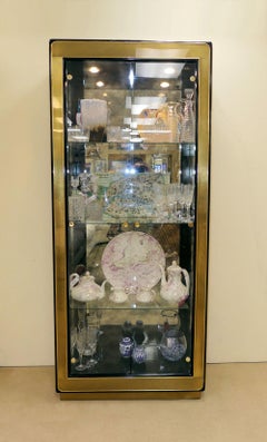 Two Modern Black Lacquered Brass Curio Display Cabinets by Mastercraft