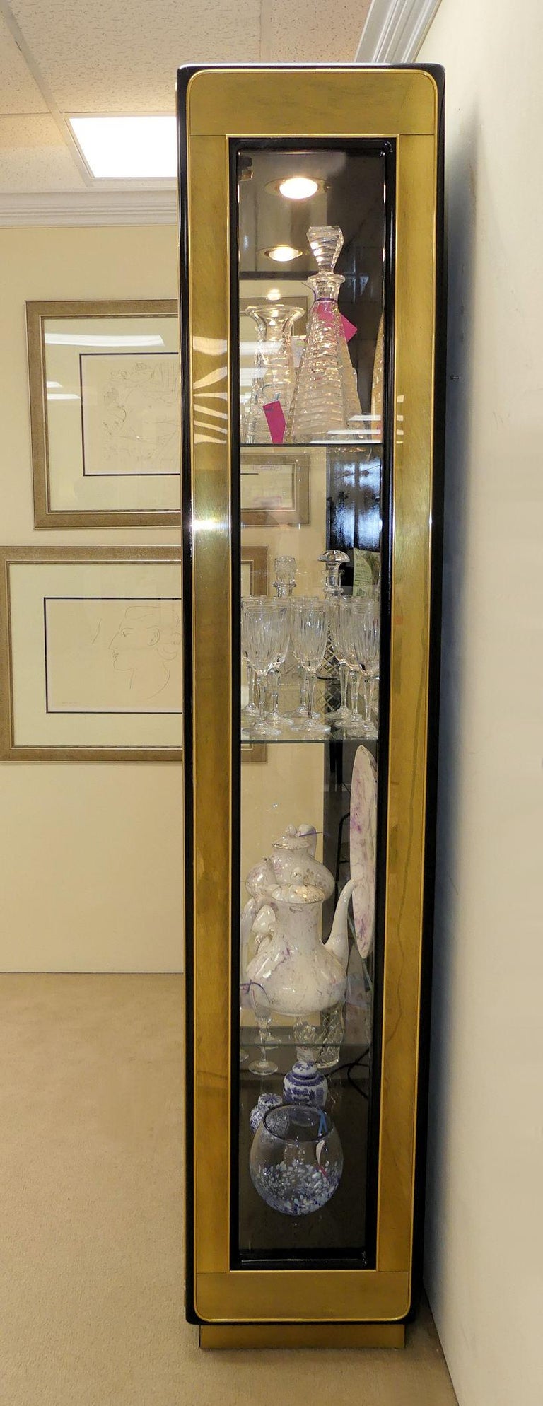 Two Modern Black Lacquered Brass Curio Display Cabinets By Mastercraft For Sale At 1stdibs