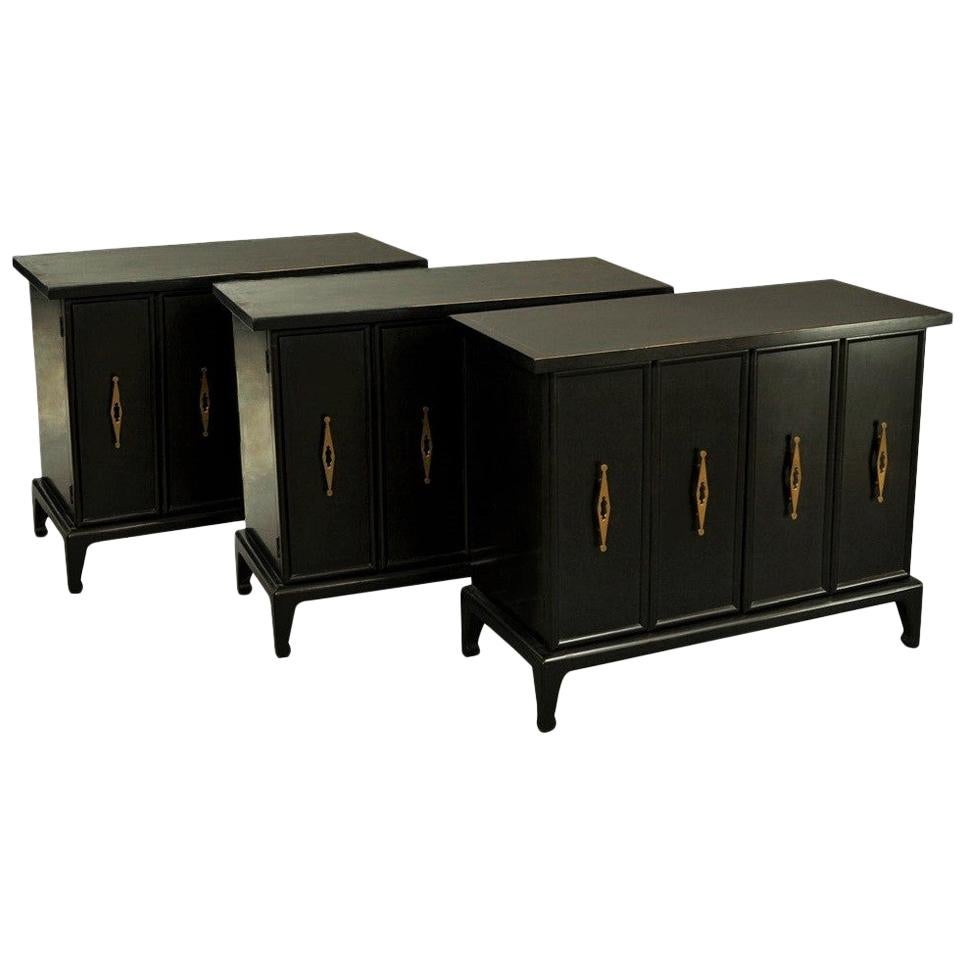 Three Modern Chinoiserie Asian Black Lacquered Cabinets