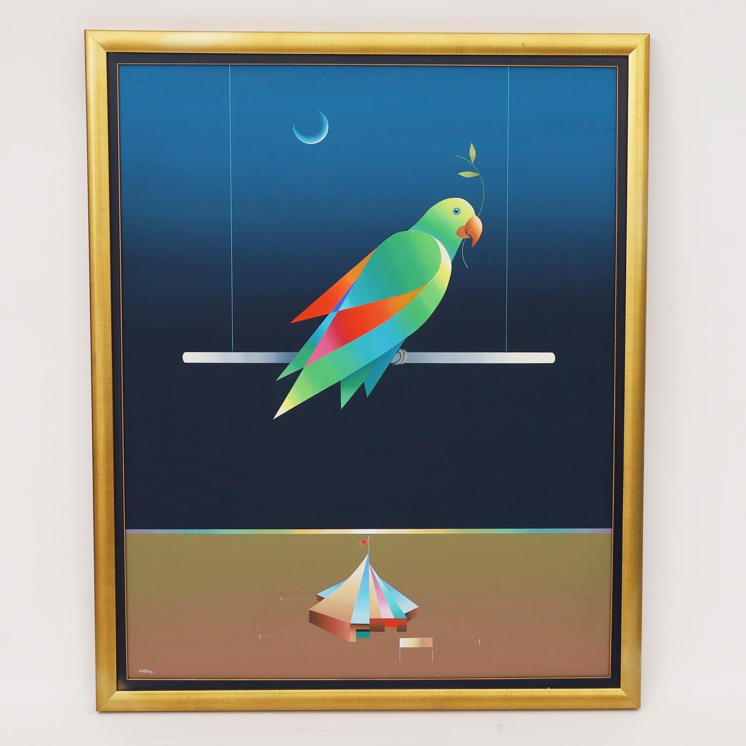 Three dazzling oil paintings on canvas, one of a parrot on a trapeze under a crescent moon and over a distant circus tent, one of a magical dove on a trapeze with flags under a full moon, and one of a bird on a cage under the crescent moon. All