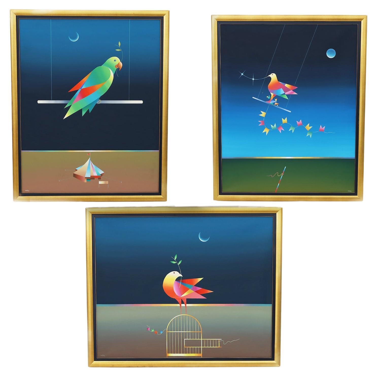 Trois peintures à l'huile modernistes sur toile d'oiseaux, prix individuel