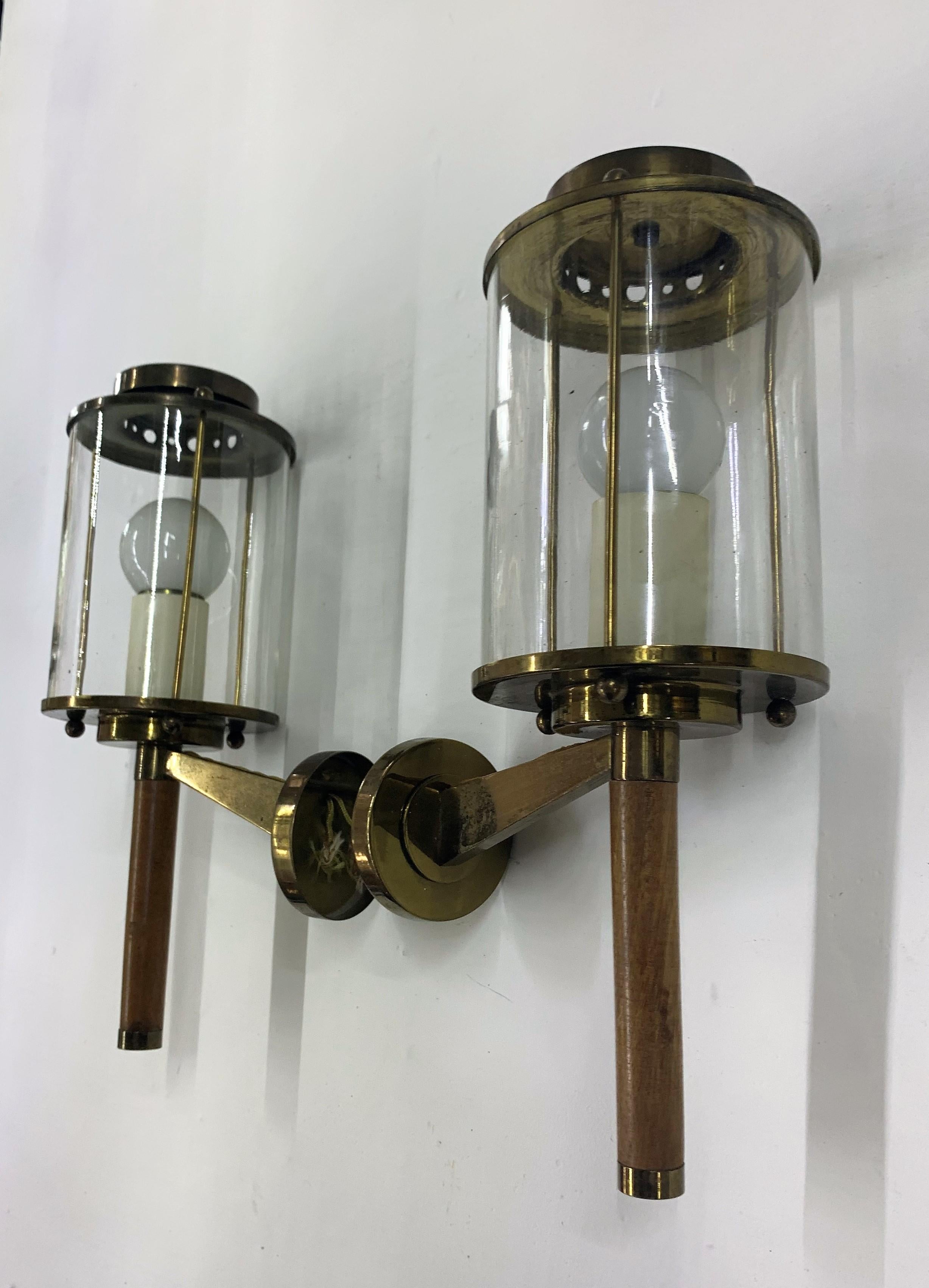 Three Modernist Sconces Maison Arlus Attributed in Brass, Wood and Glass, France For Sale 2