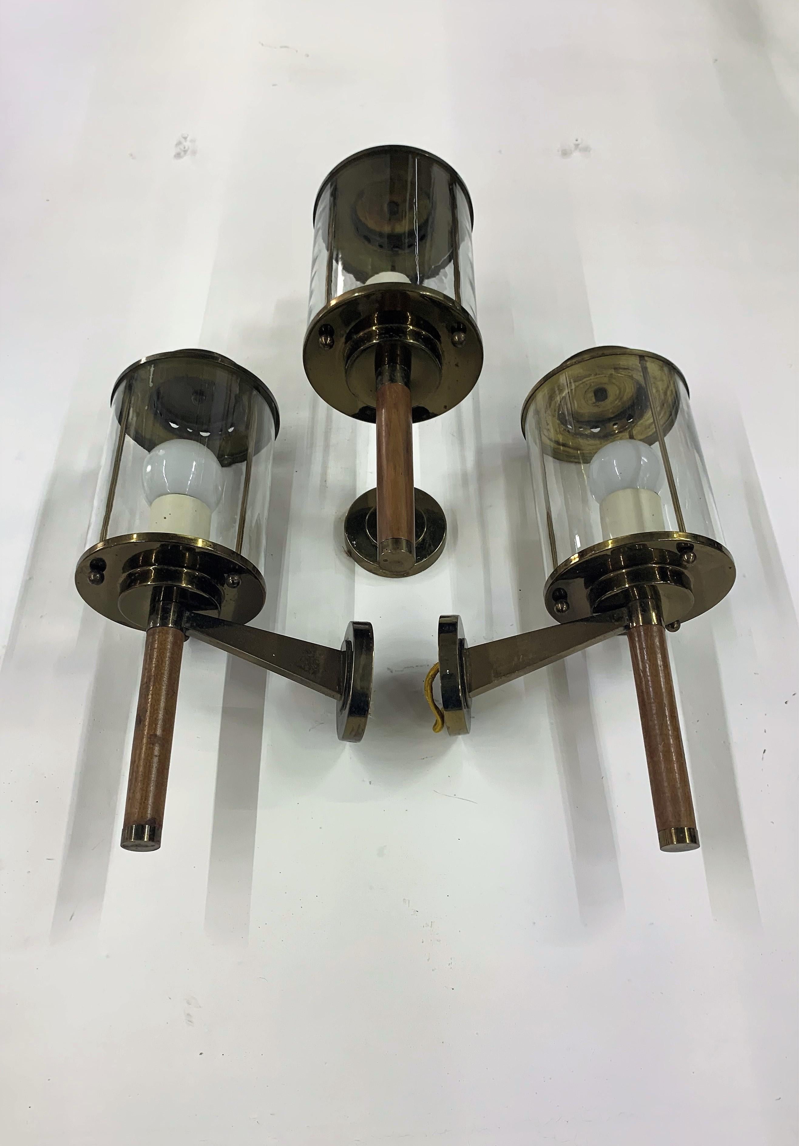 Three Modernist Sconces Maison Arlus Attributed in Brass, Wood and Glass, France For Sale 3