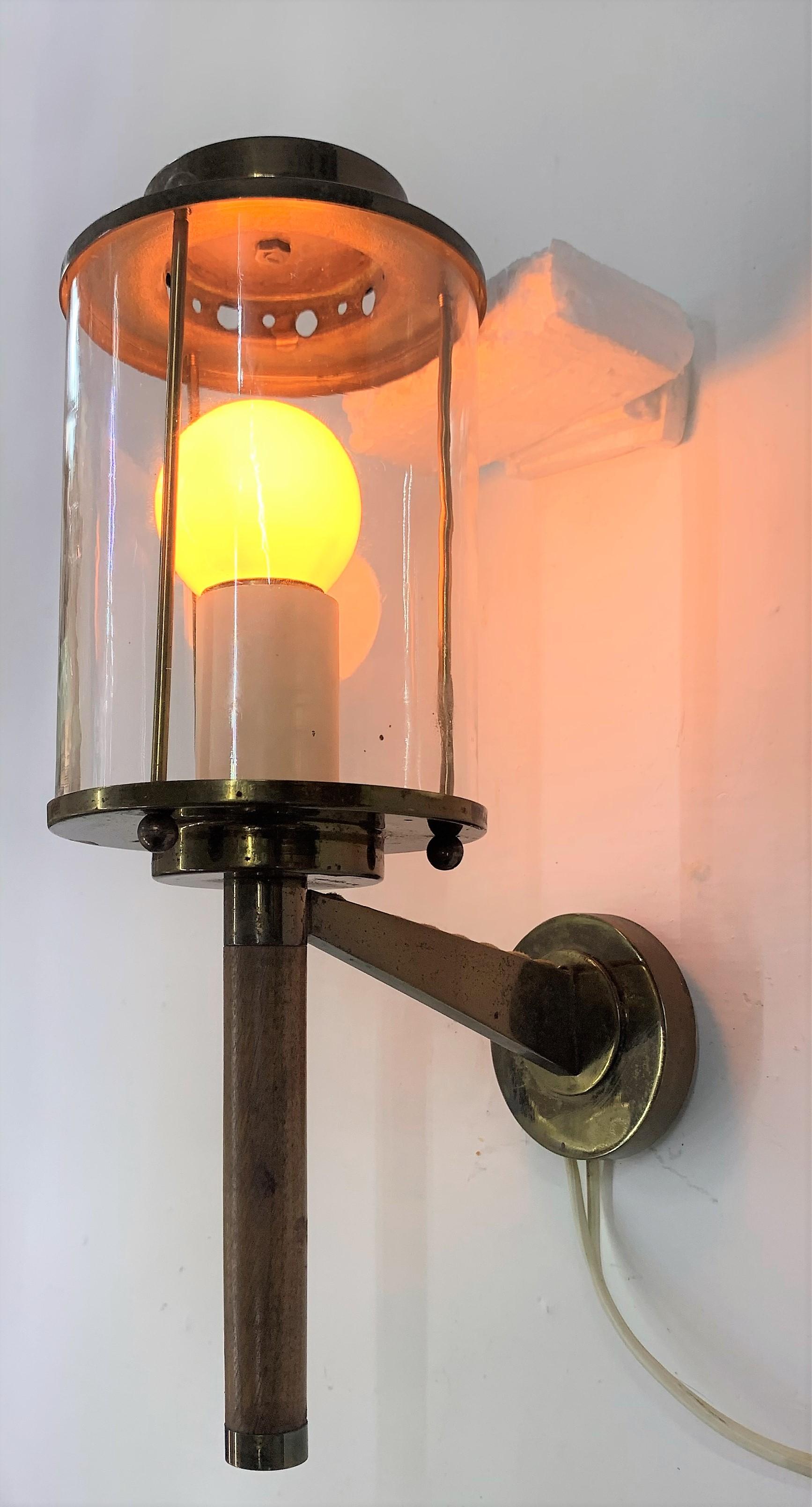 Three Modernist Sconces Maison Arlus Attributed in Brass, Wood and Glass, France For Sale 4
