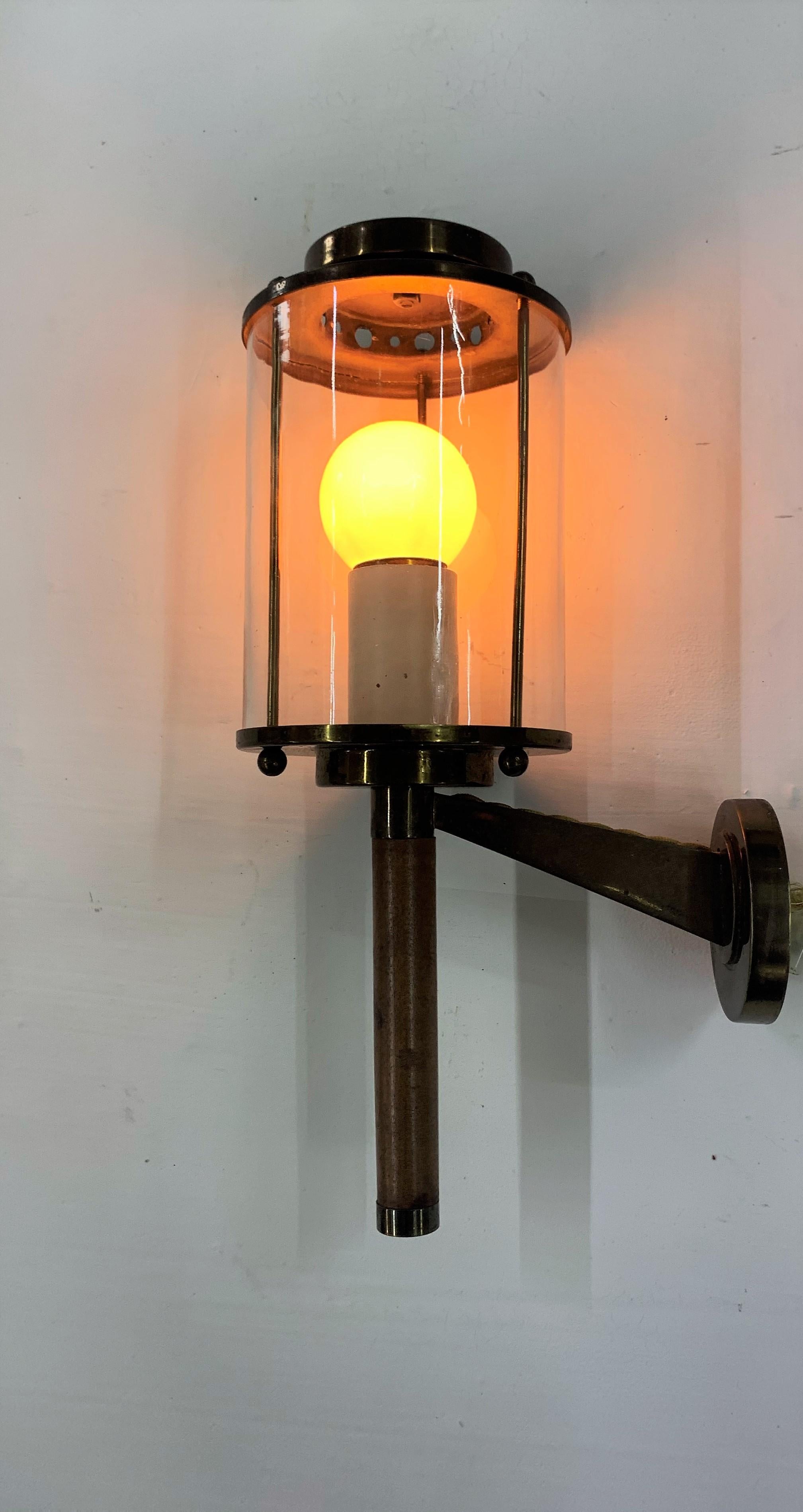 Mid-Century Modern Three Modernist Sconces Maison Arlus Attributed in Brass, Wood and Glass, France For Sale