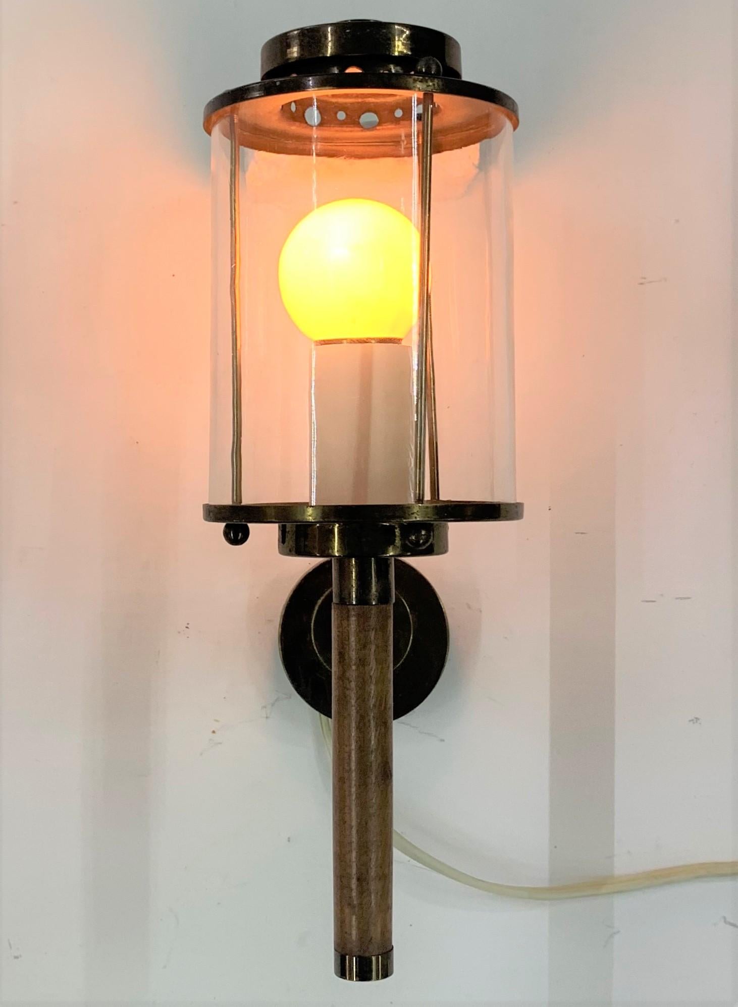 French Three Modernist Sconces Maison Arlus Attributed in Brass, Wood and Glass, France For Sale