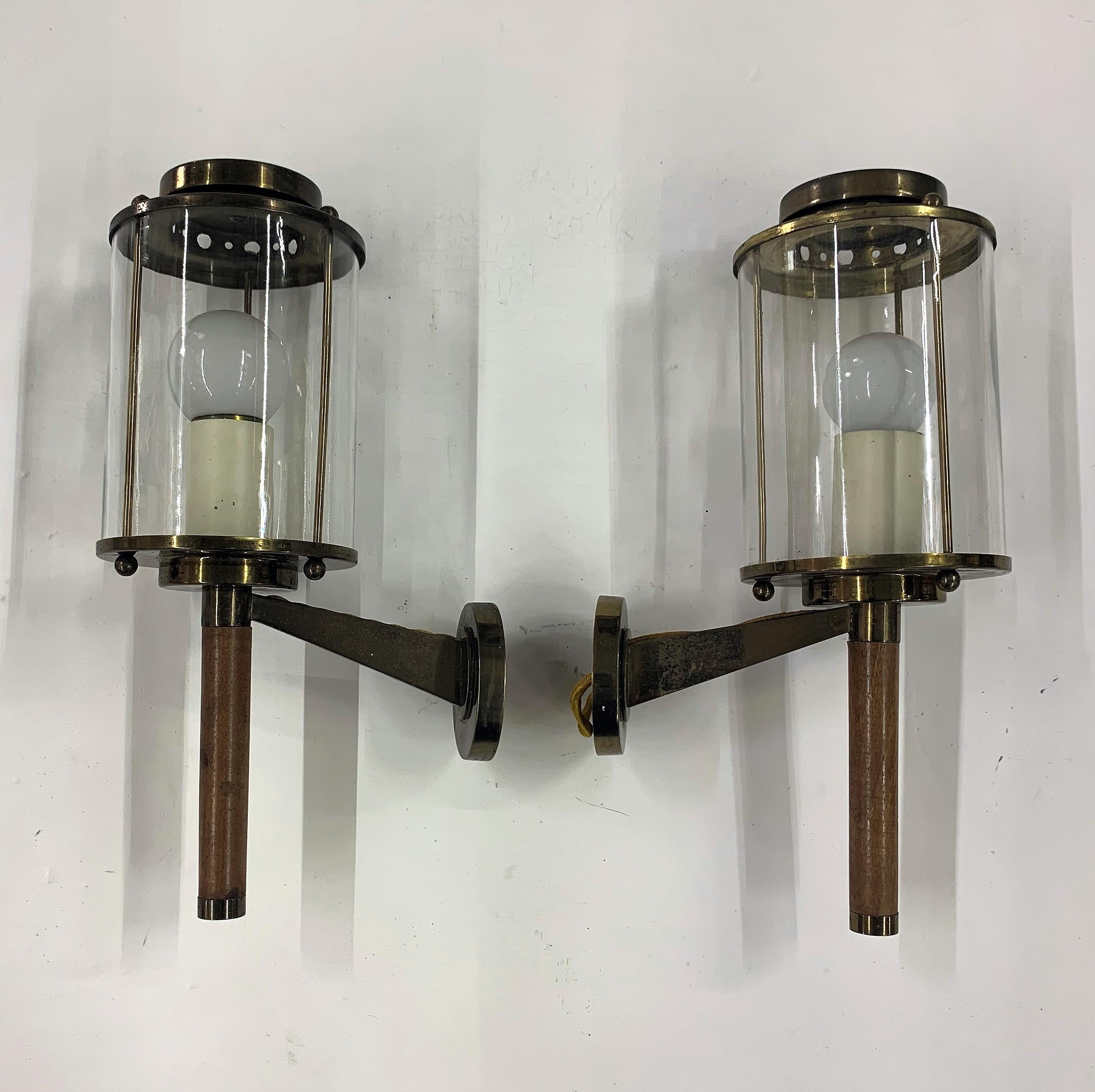 Three Modernist Sconces Maison Arlus Attributed in Brass, Wood and Glass, France In Good Condition For Sale In Merida, Yucatan