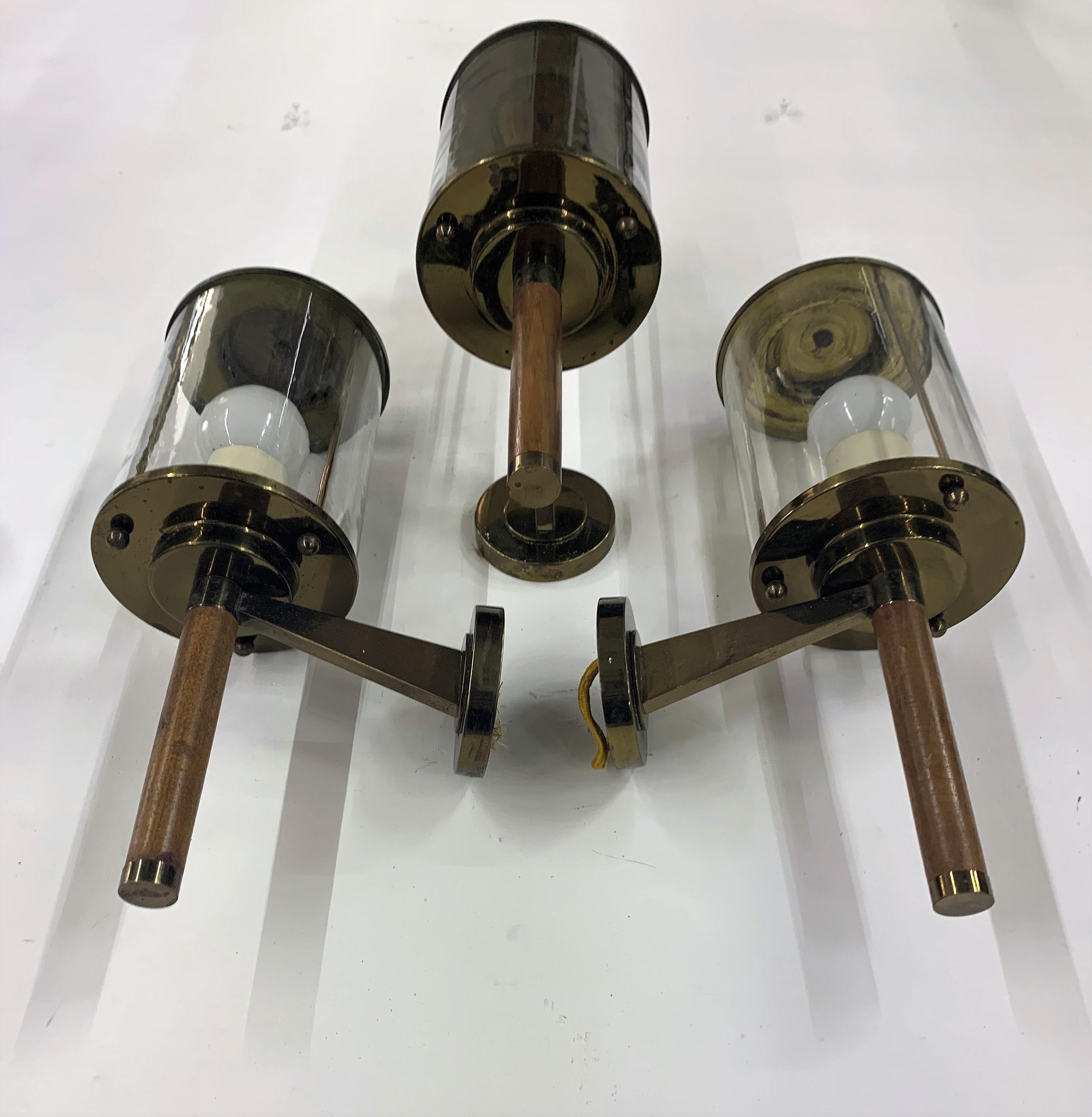 Mid-20th Century Three Modernist Sconces Maison Arlus Attributed in Brass, Wood and Glass, France For Sale