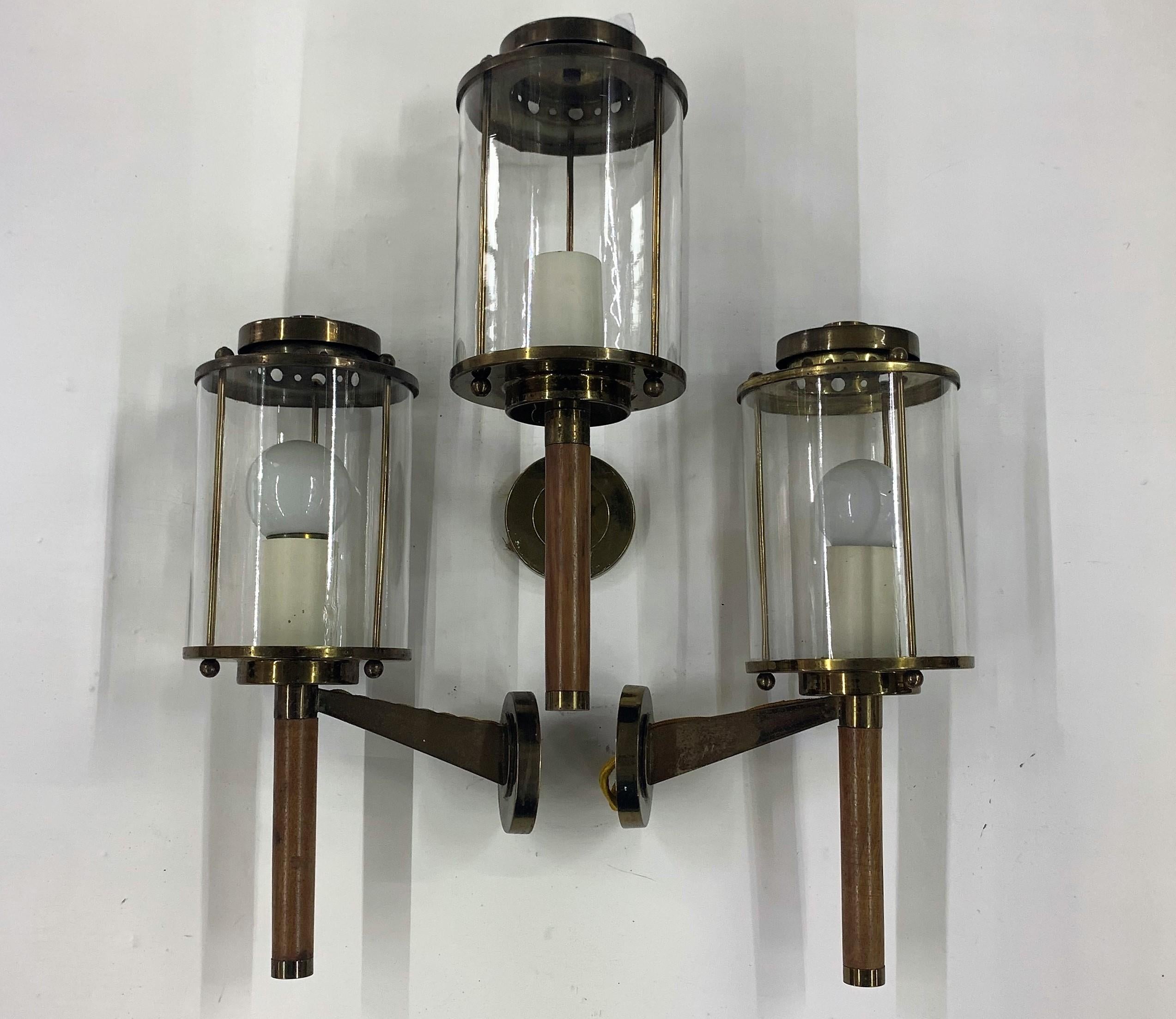 Three Modernist Sconces Maison Arlus Attributed in Brass, Wood and Glass, France For Sale 1
