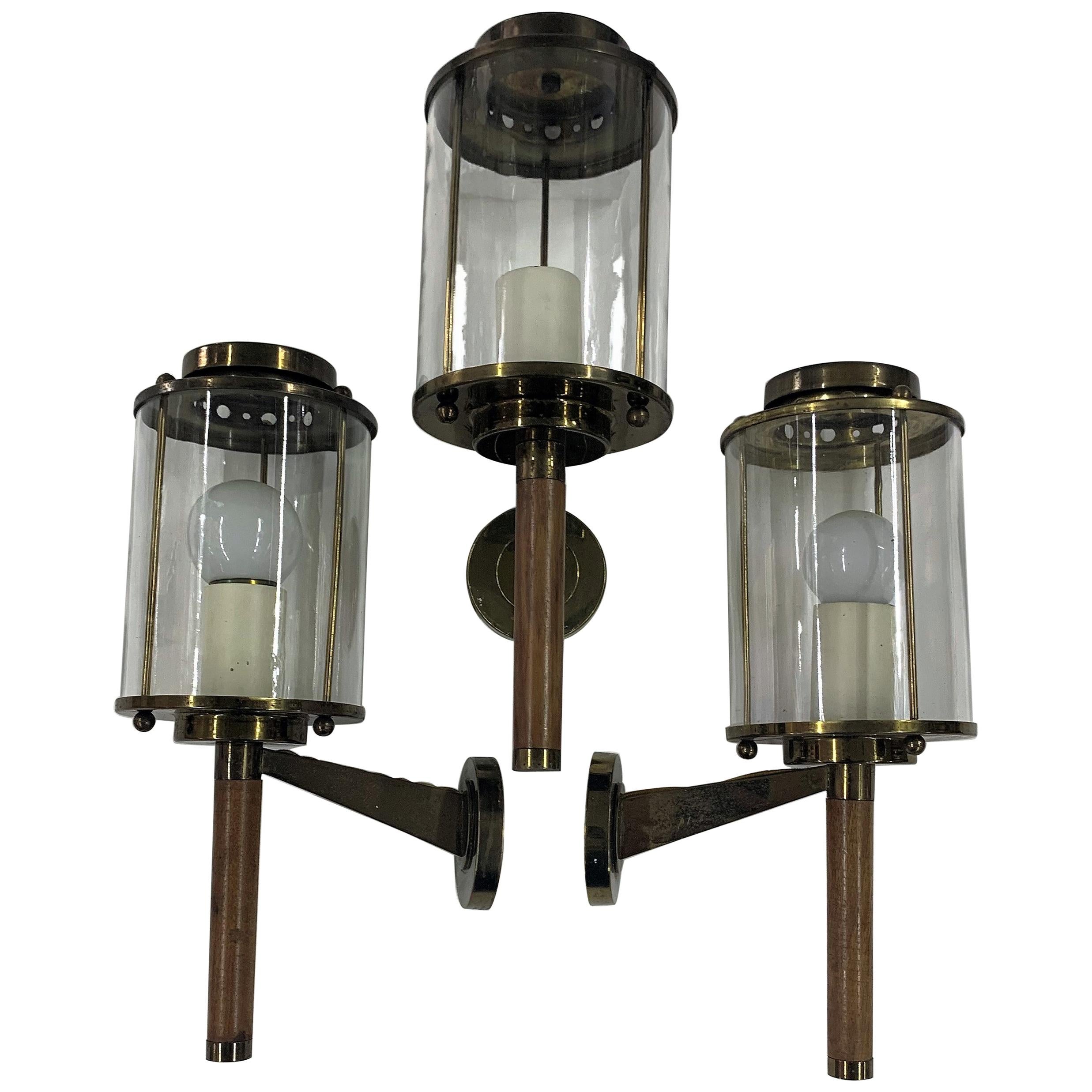 Three Modernist Sconces Maison Arlus Attributed in Brass, Wood and Glass, France