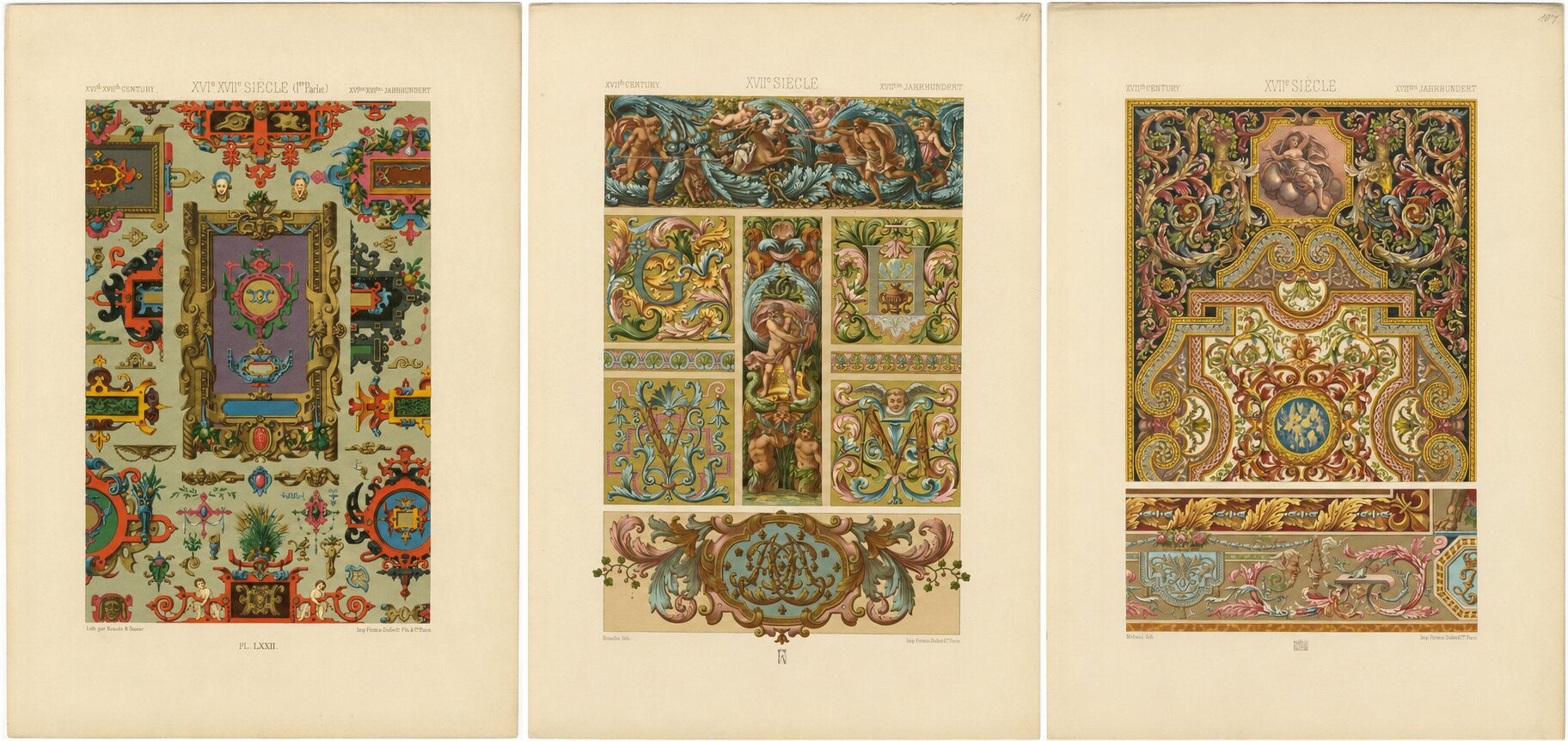 Three Monumental Renaissance Ornament Chromolithographs by Albert Racinet, 1873 For Sale