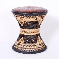 Three Moroccan Wicker and Leather Stools or Ottomans, Priced Individually