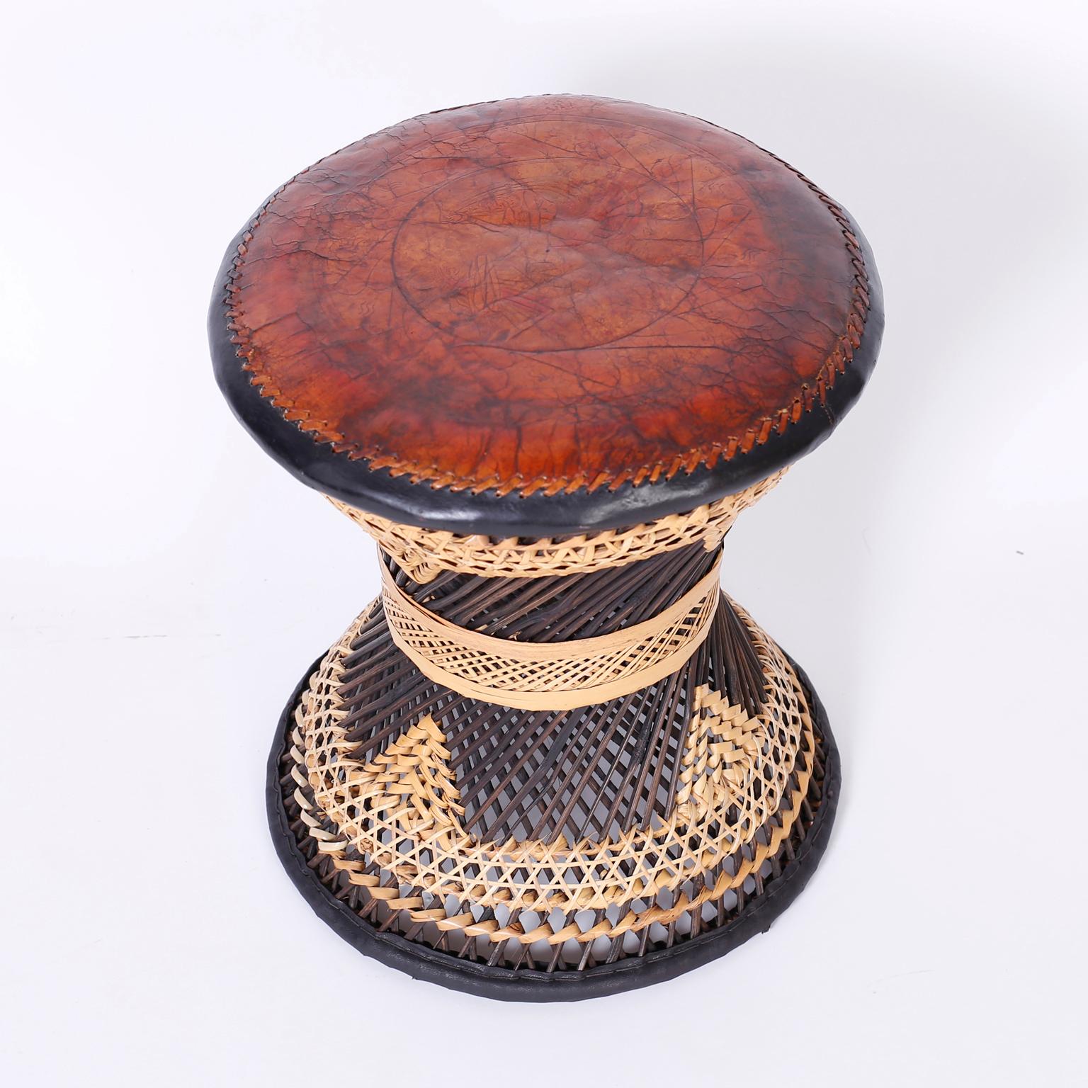 Moorish Three Moroccan Wicker and Leather Stools or Ottomans, Priced Individually