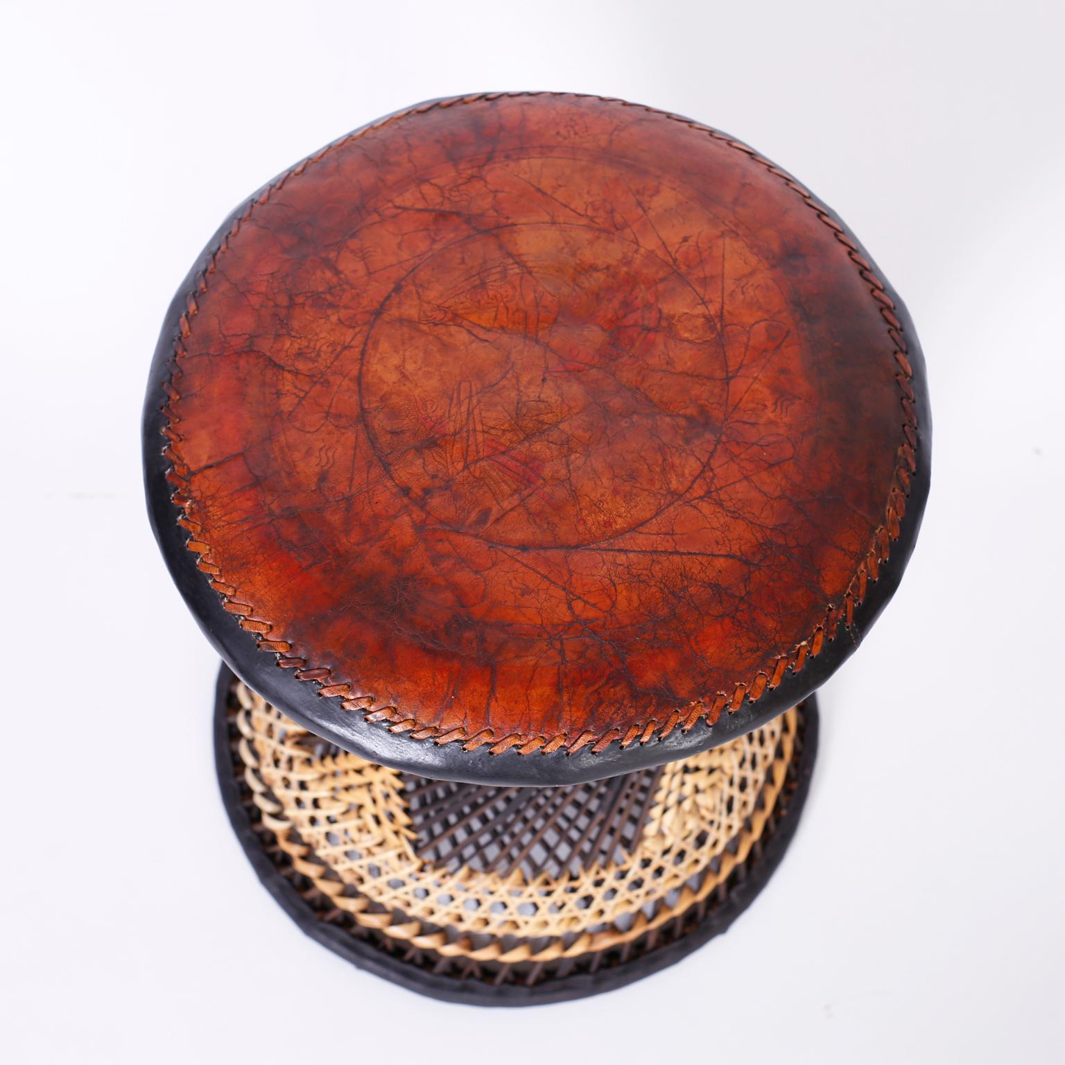 Three Moroccan Wicker and Leather Stools or Ottomans, Priced Individually In Good Condition In Palm Beach, FL