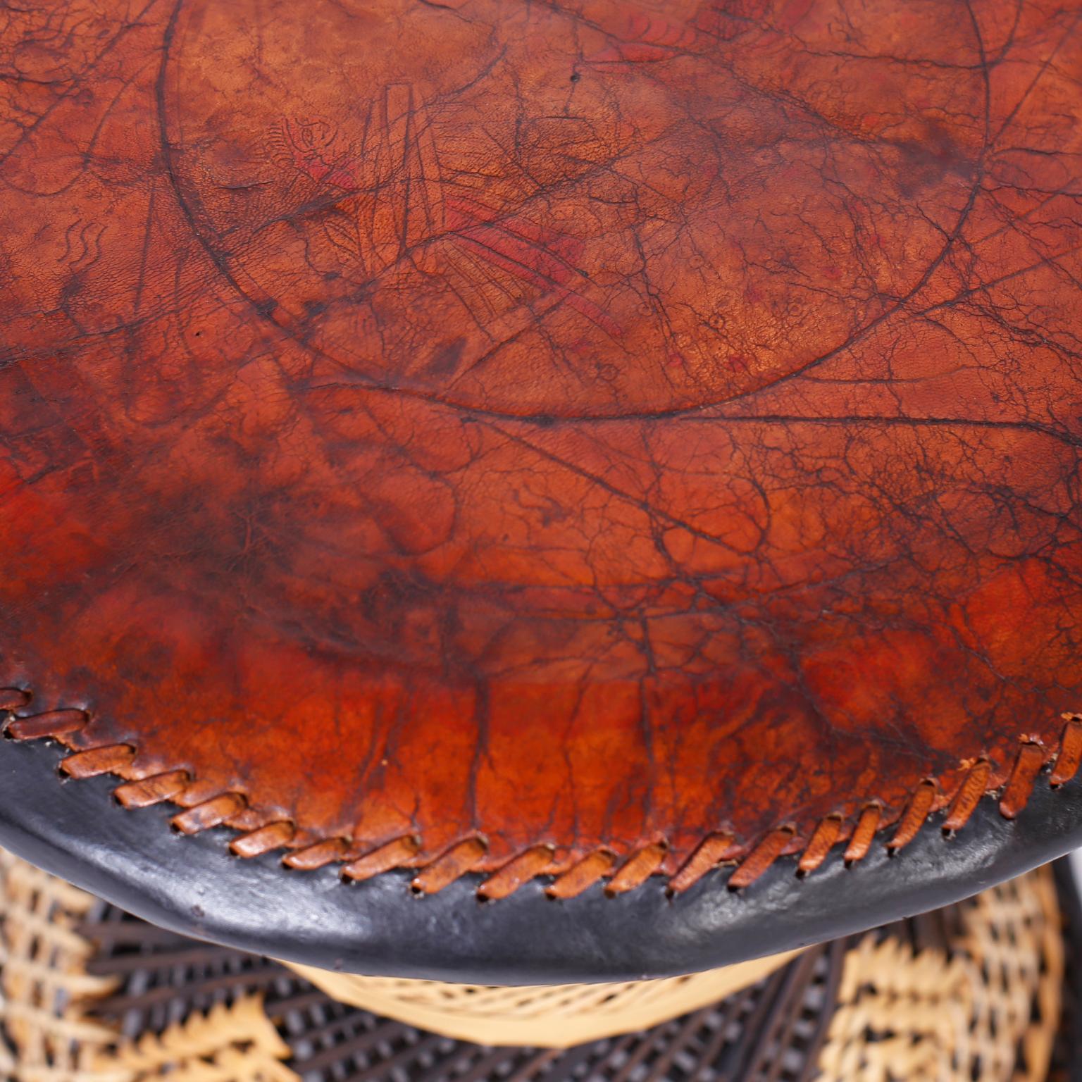 20th Century Three Moroccan Wicker and Leather Stools or Ottomans, Priced Individually