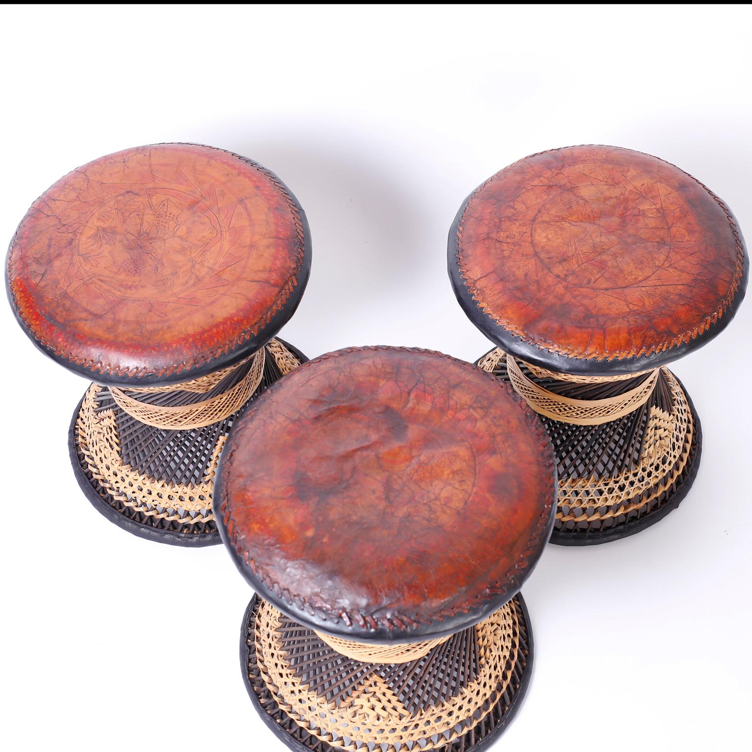 Three Moroccan Wicker and Leather Stools or Ottomans, Priced Individually 3