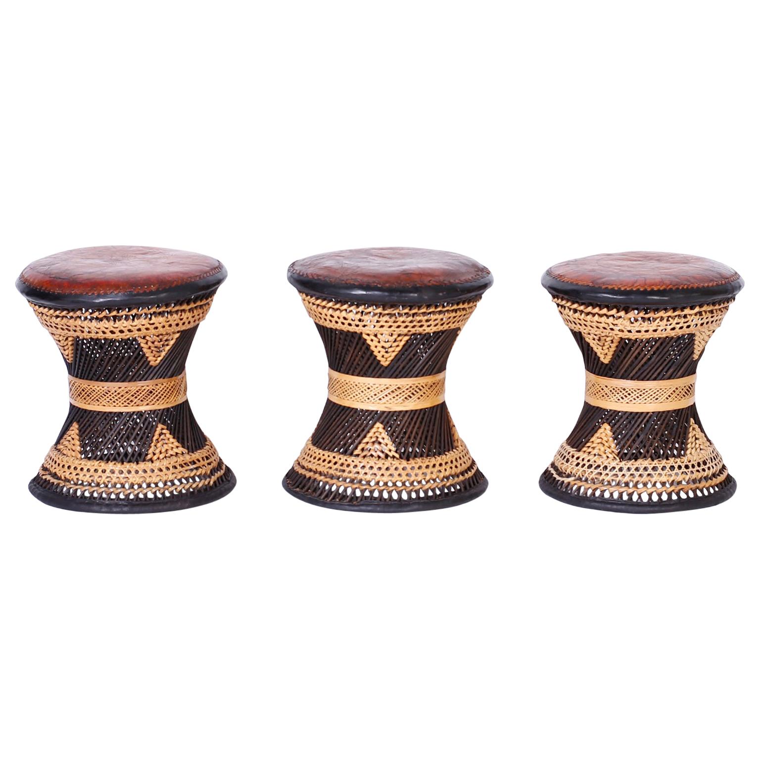 Three Moroccan Wicker and Leather Stools or Ottomans, Priced Individually