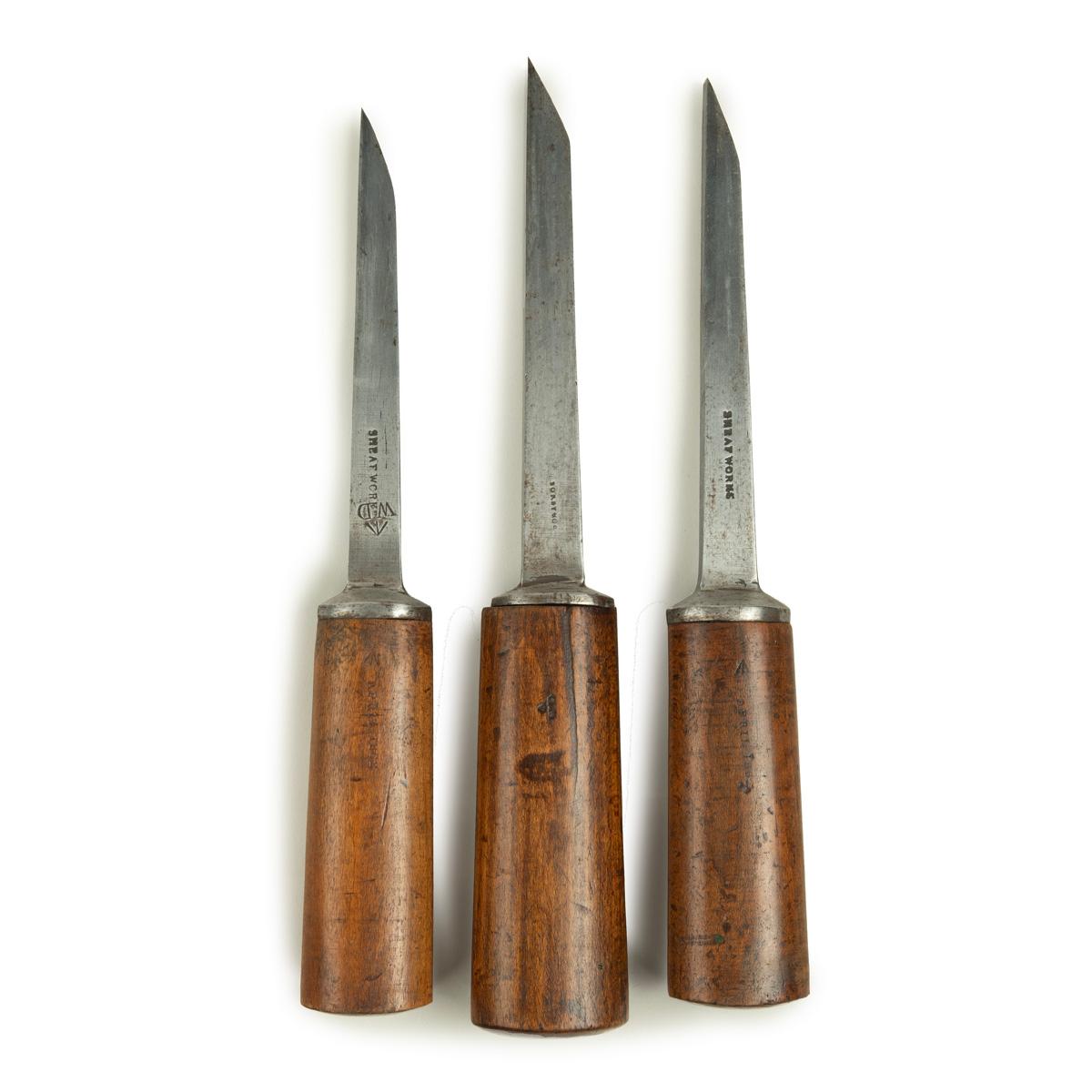 Three mortice chisels, all with sturdy ash handles by Sorby & Co with steel blades, two stamped T. Turton & Sons, another by Sorby & Co, one also stamped Sheaf Works and all bearing the initial W.D for the War Department, dated 1862.