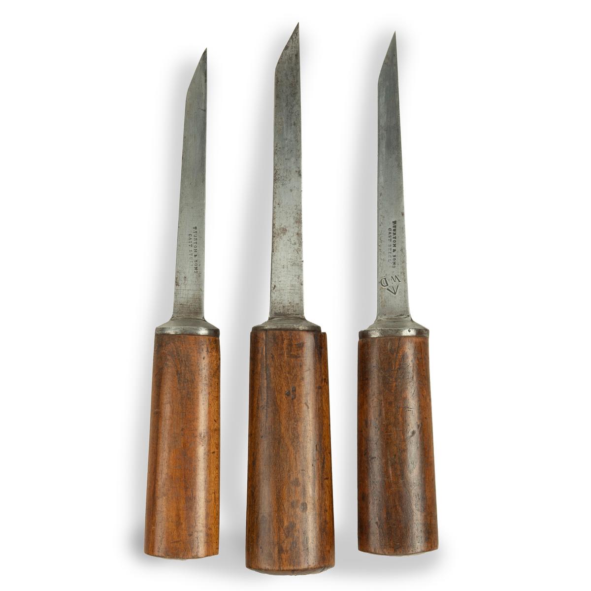 English Three mortice chisels, all with sturdy ash handles by Sorby & Co For Sale