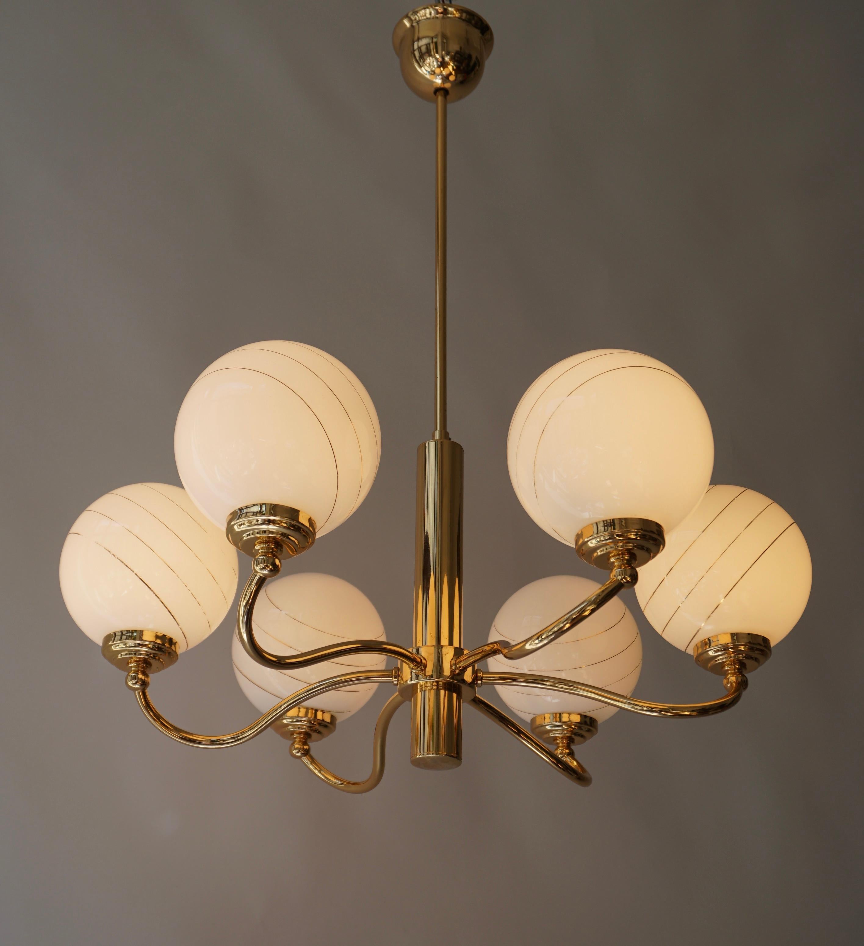 Hollywood Regency Three Murano Glass and Brass Chandelier, 1970s, Italy For Sale