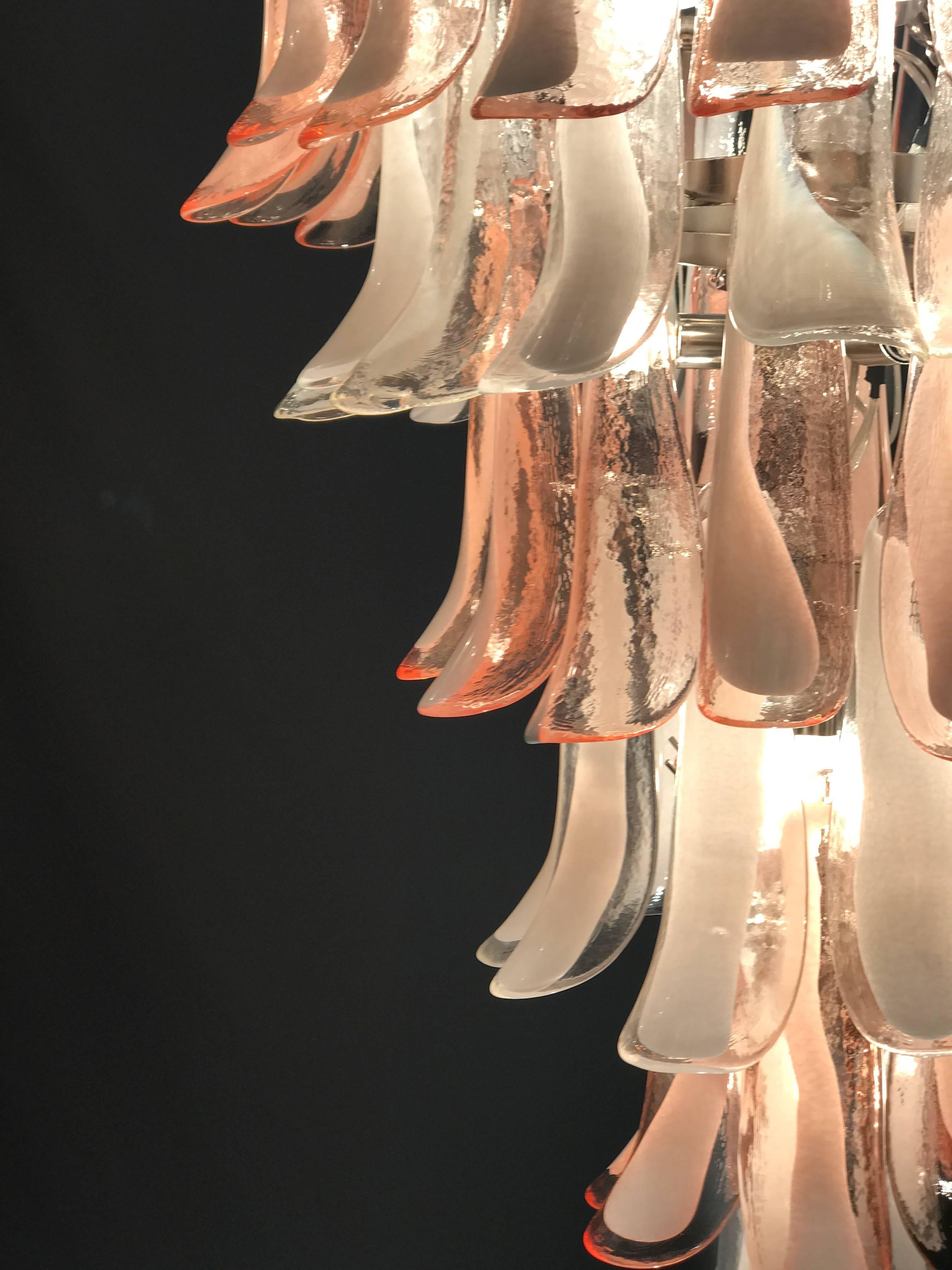 Late 20th Century Three Murano Glass Pink and White Petal Sumptuous Chandeliers, Italy, 1980s For Sale