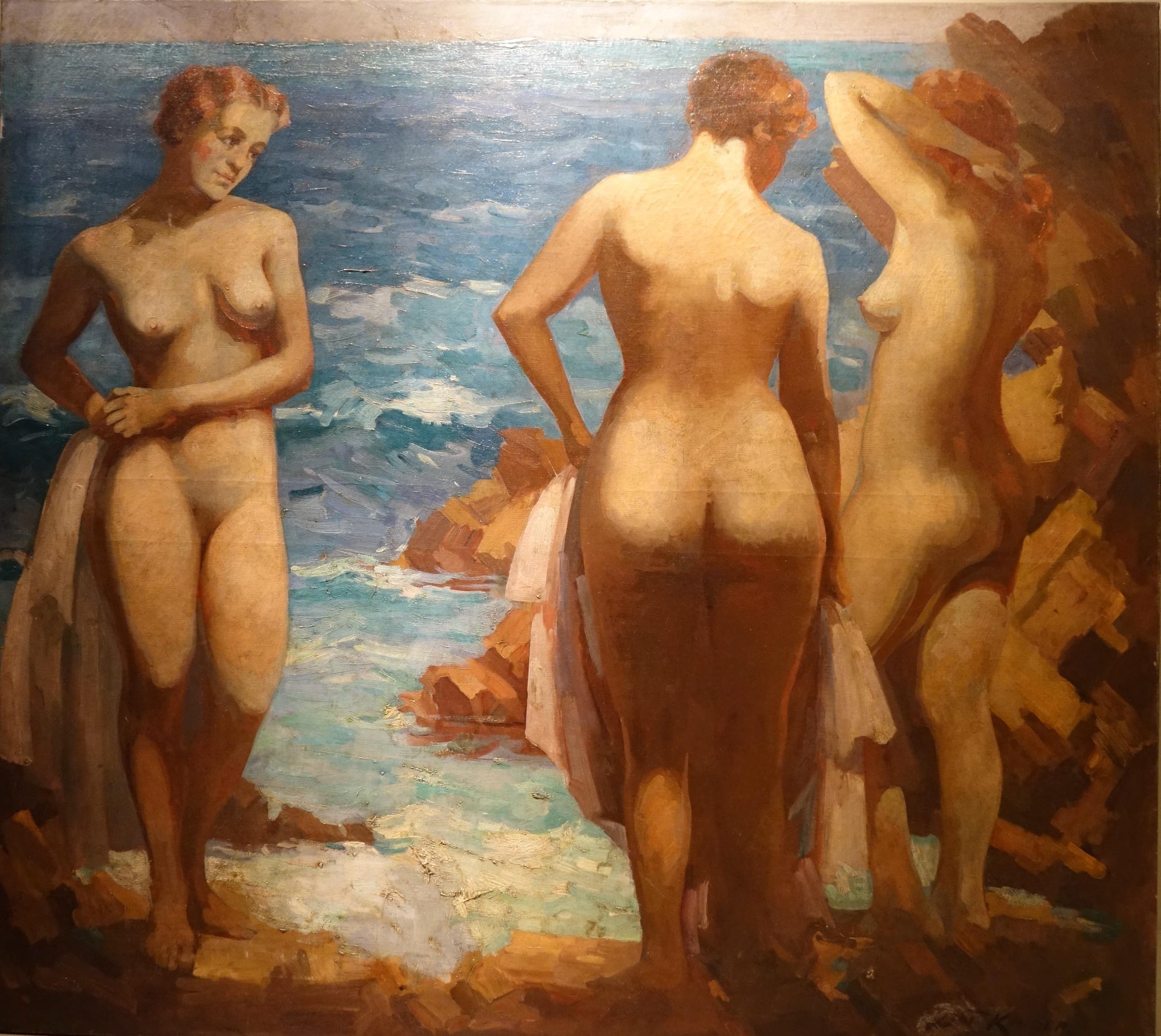 Oil on canvas representing three young naked women who have just bathed, each of them holding a towel in their hand. One is represented from the front, the one in the middle from the back, the one on the right in profile. In the background the sea