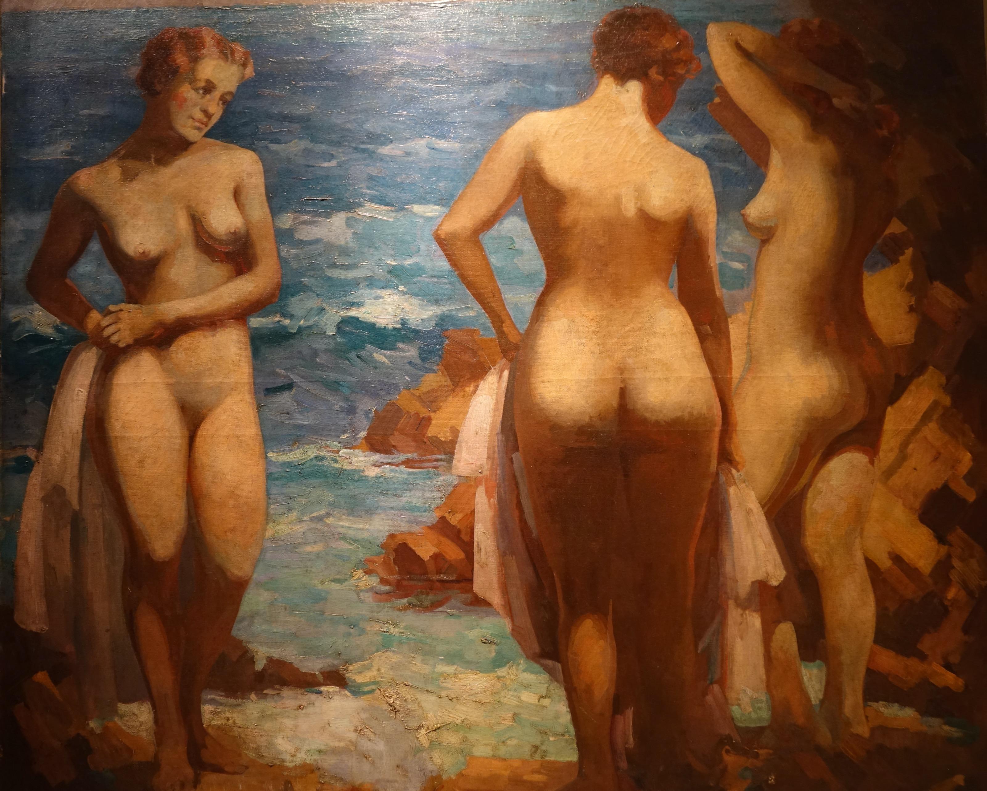 Art déco Trois baigneurs nus au bord de la mer, huile sur toile signée Kinder, vers 1930 en vente