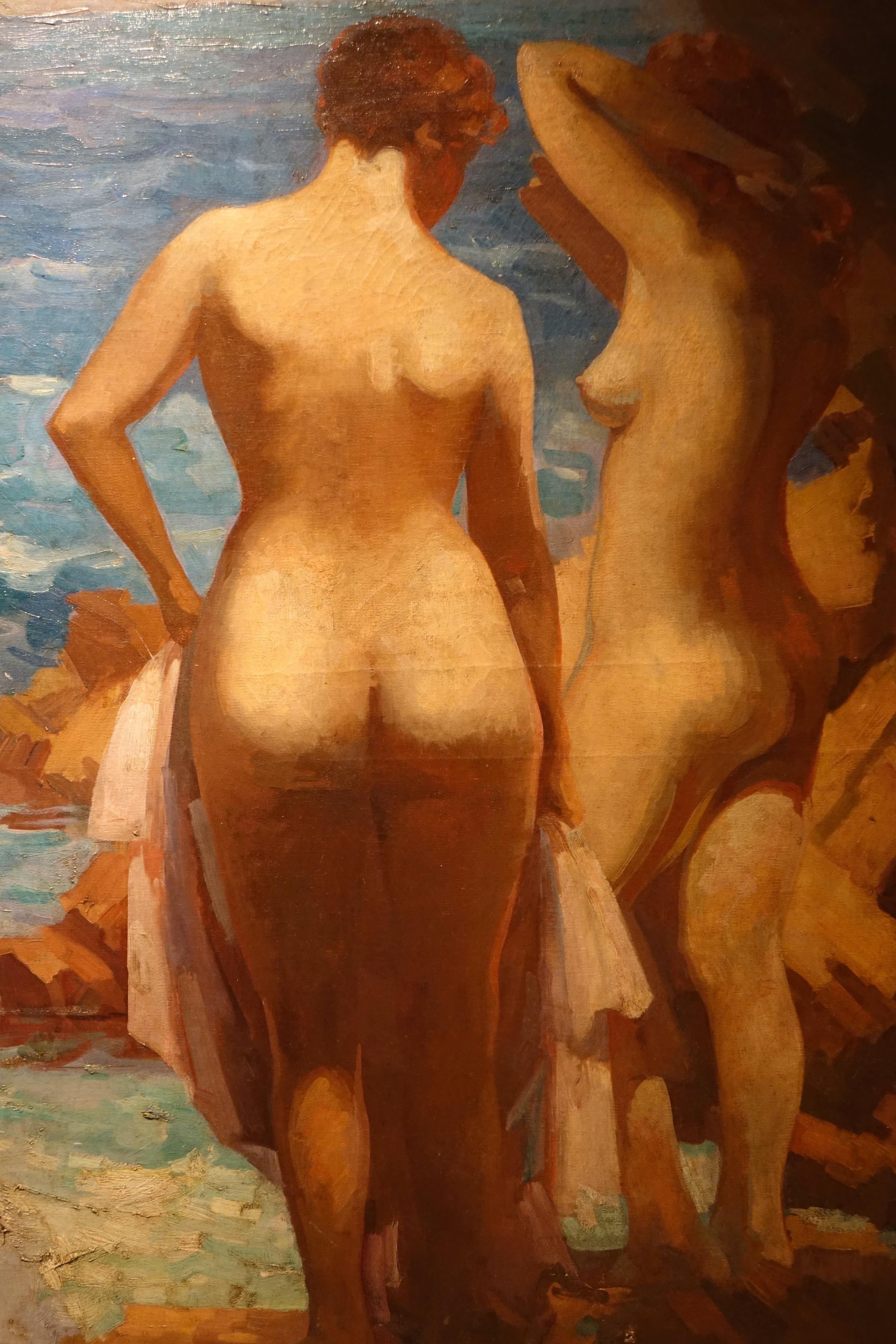 Allemand Trois baigneurs nus au bord de la mer, huile sur toile signée Kinder, vers 1930 en vente