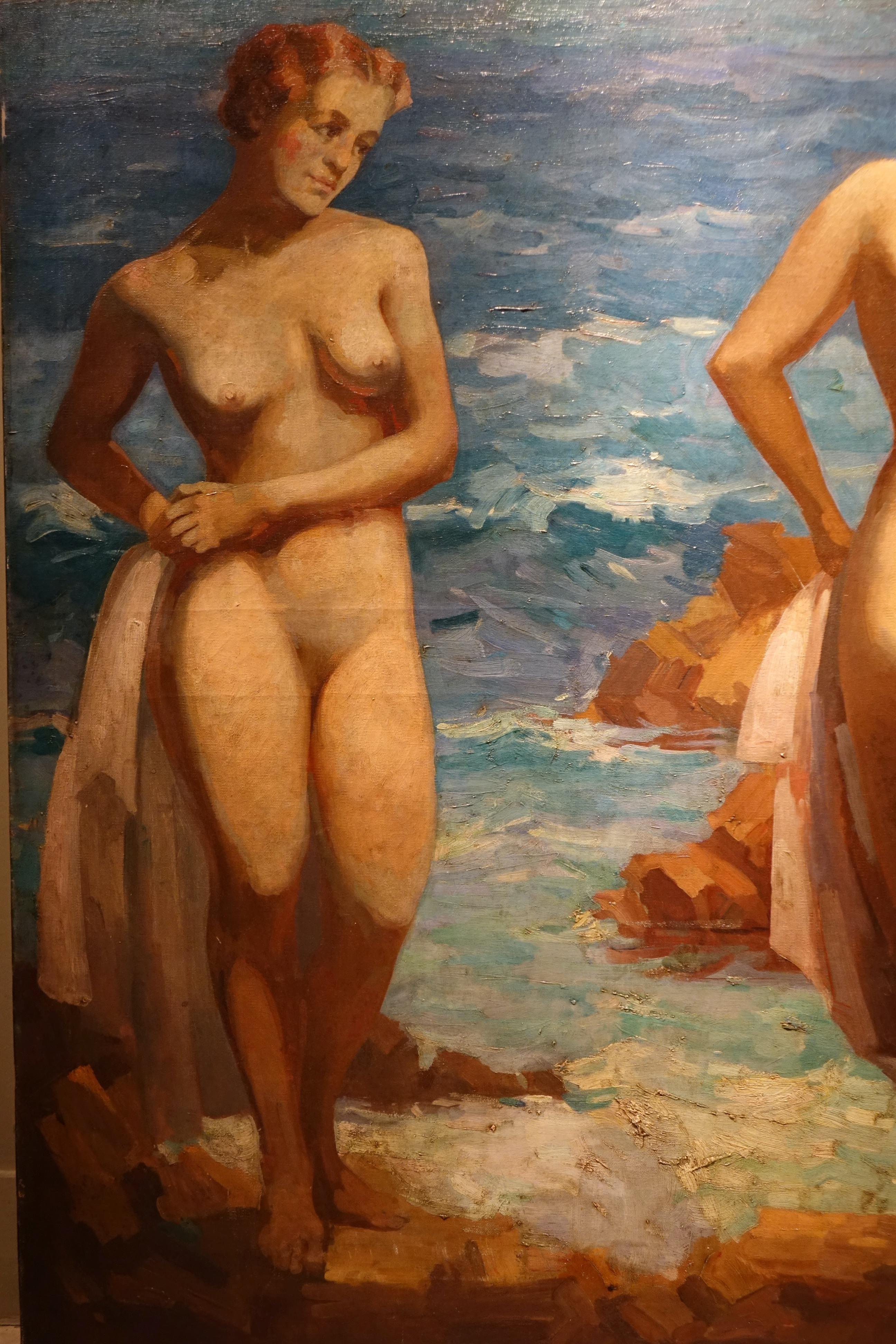 Peint à la main Trois baigneurs nus au bord de la mer, huile sur toile signée Kinder, vers 1930 en vente