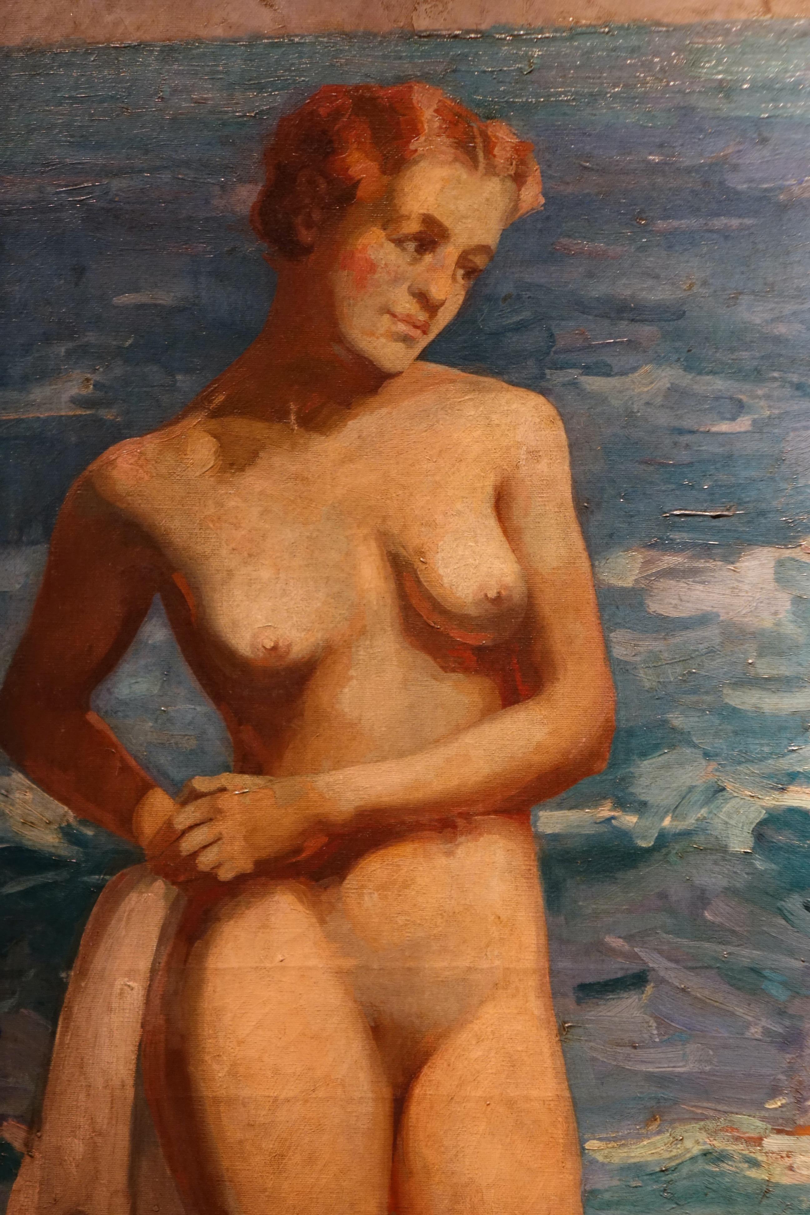 Trois baigneurs nus au bord de la mer, huile sur toile signée Kinder, vers 1930 Bon état - En vente à PARIS, FR