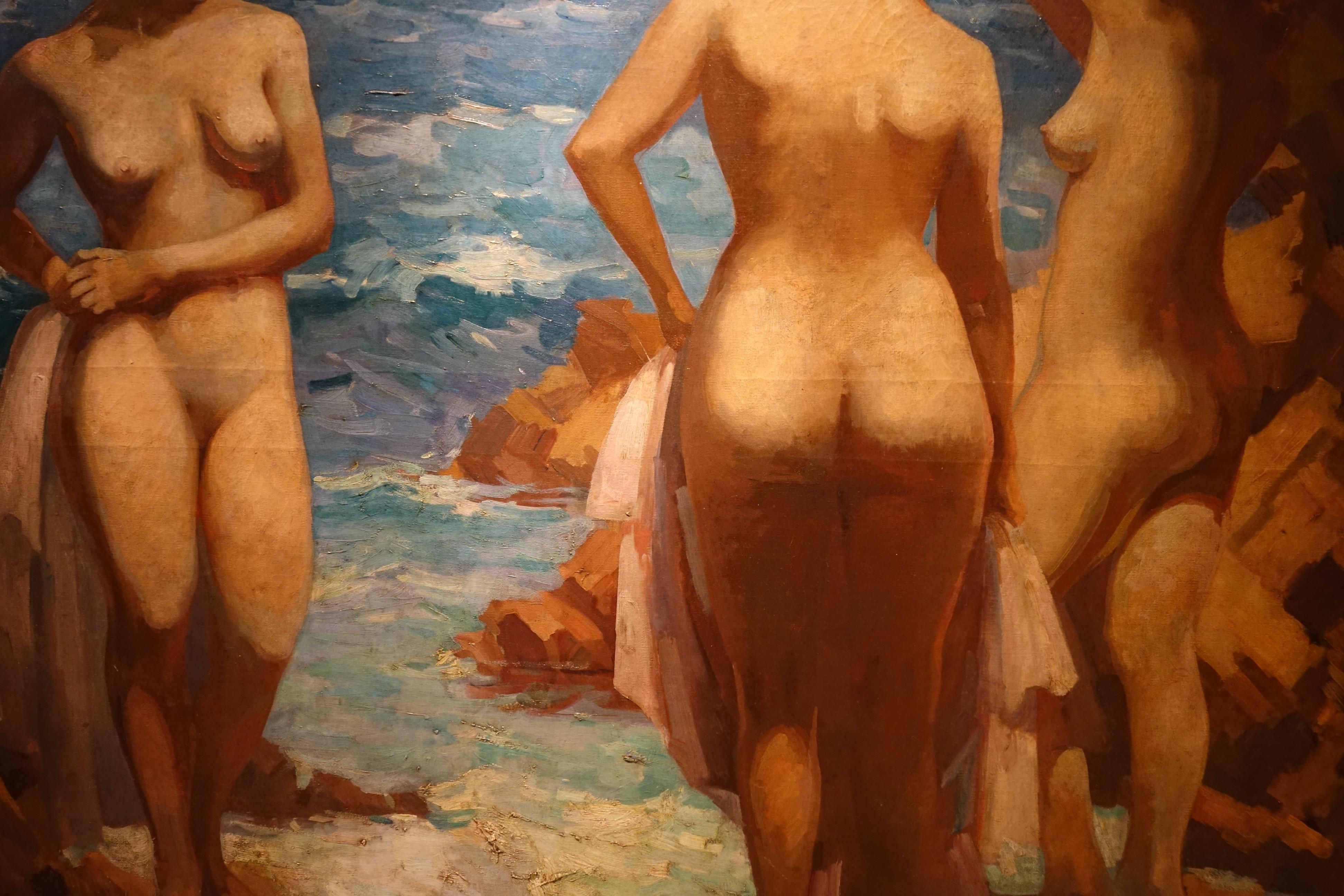Milieu du XXe siècle Trois baigneurs nus au bord de la mer, huile sur toile signée Kinder, vers 1930 en vente