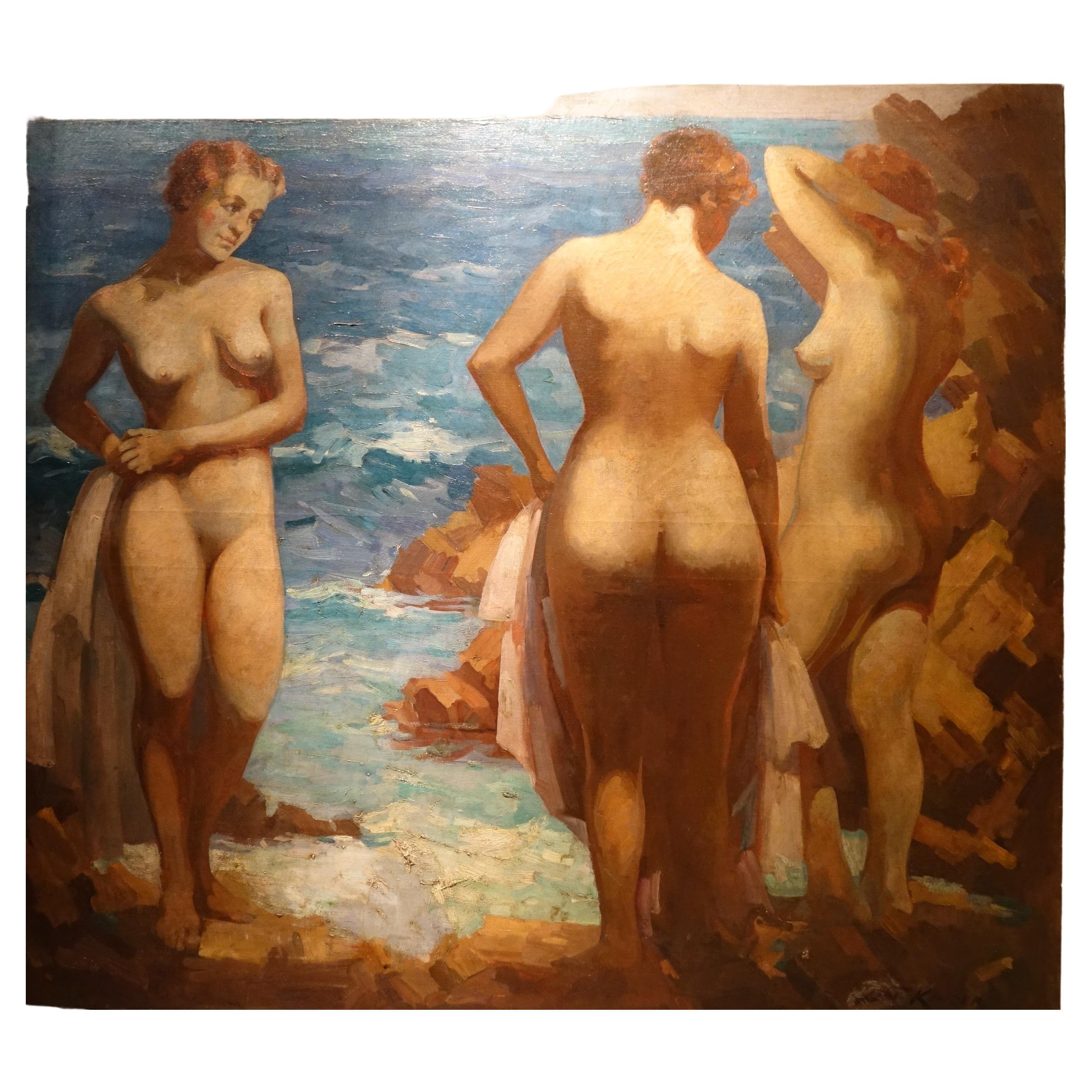 Trois baigneurs nus au bord de la mer, huile sur toile signée Kinder, vers 1930 en vente