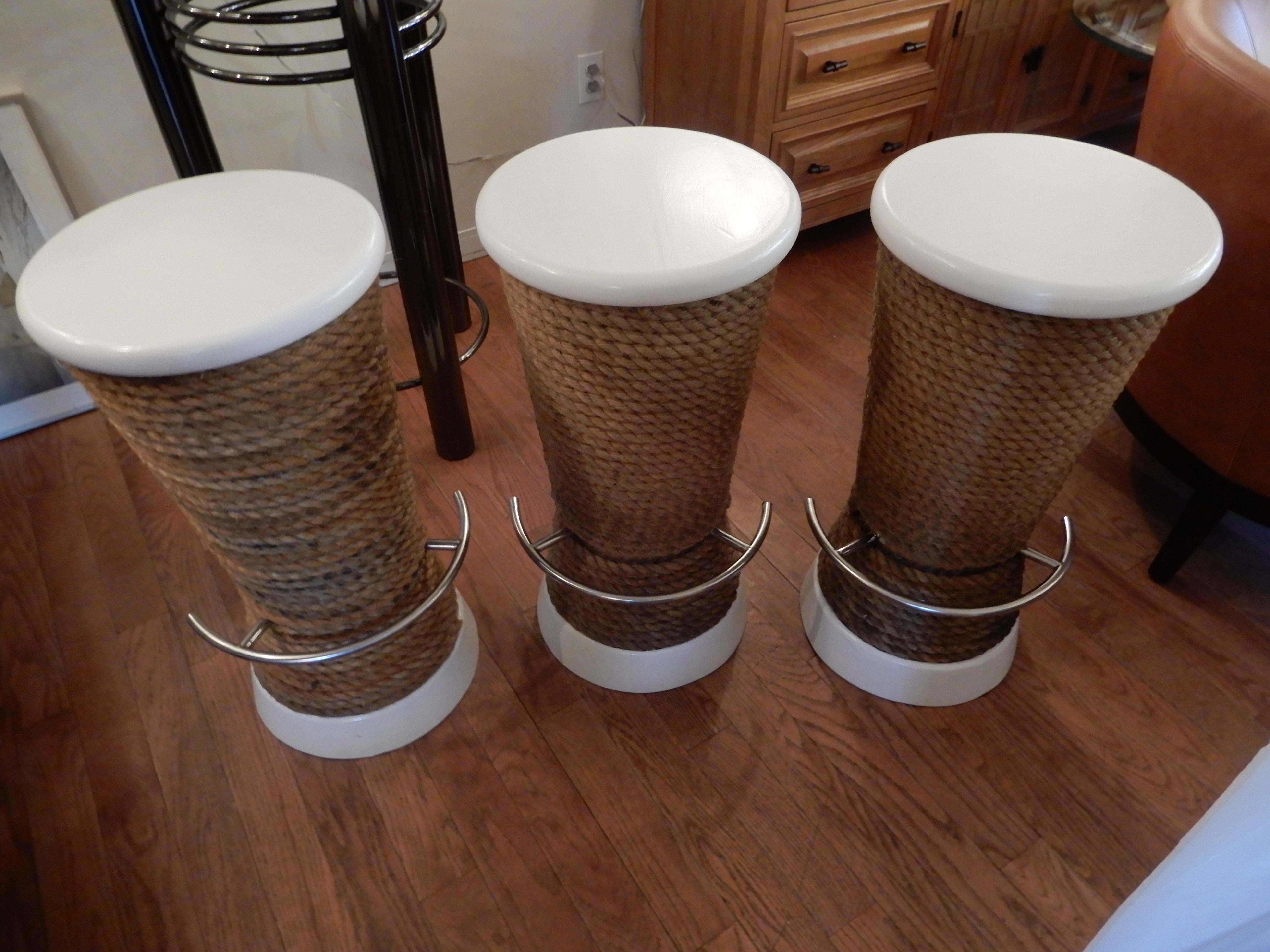 Modern Three Nautical High Stools or Counter Stools, Rope and Steel Indoor Outdoor