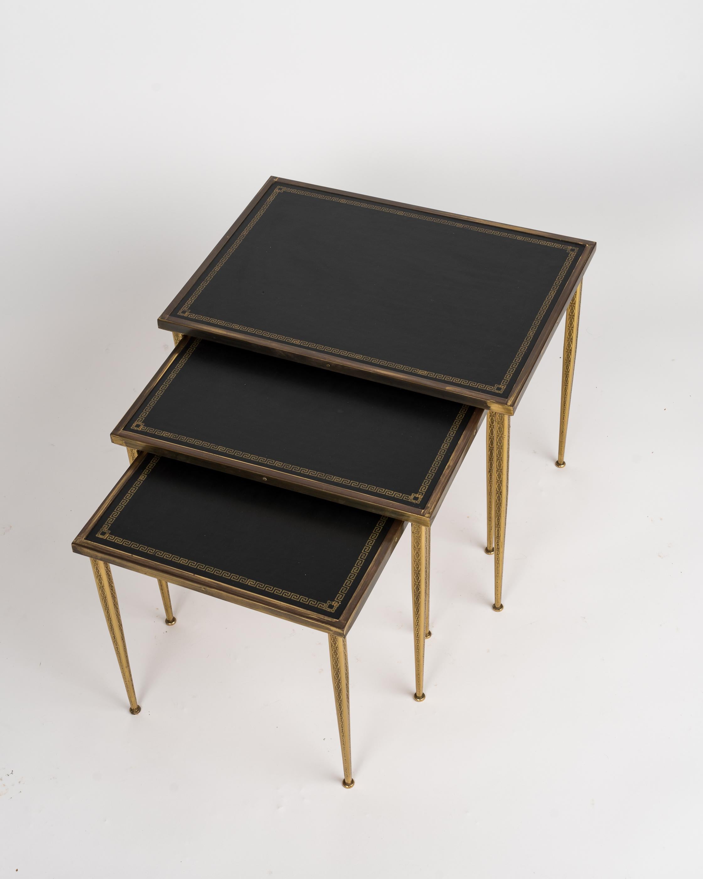 Belgian Three Neoclassical Brass & Black Leather Nesting Tables, Belgium, 1960's For Sale