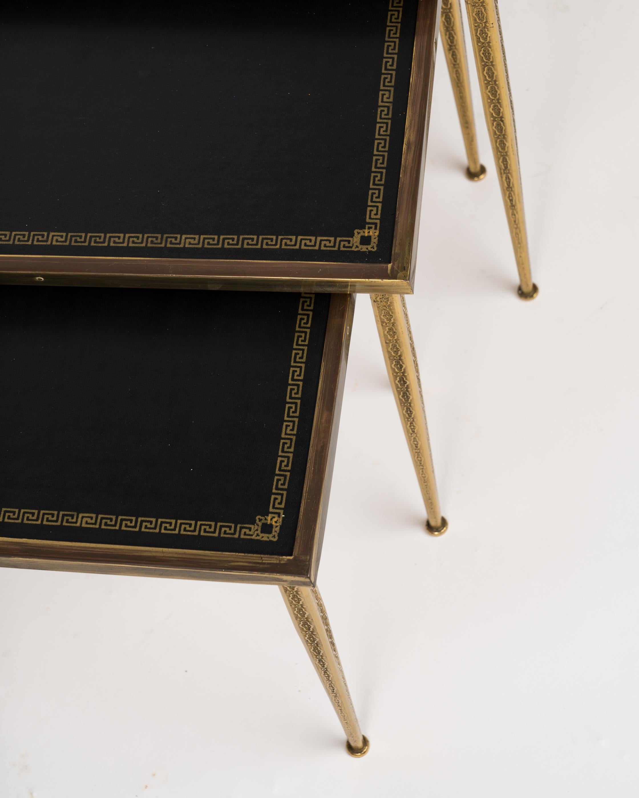 Cast Three Neoclassical Brass & Black Leather Nesting Tables, Belgium, 1960's For Sale