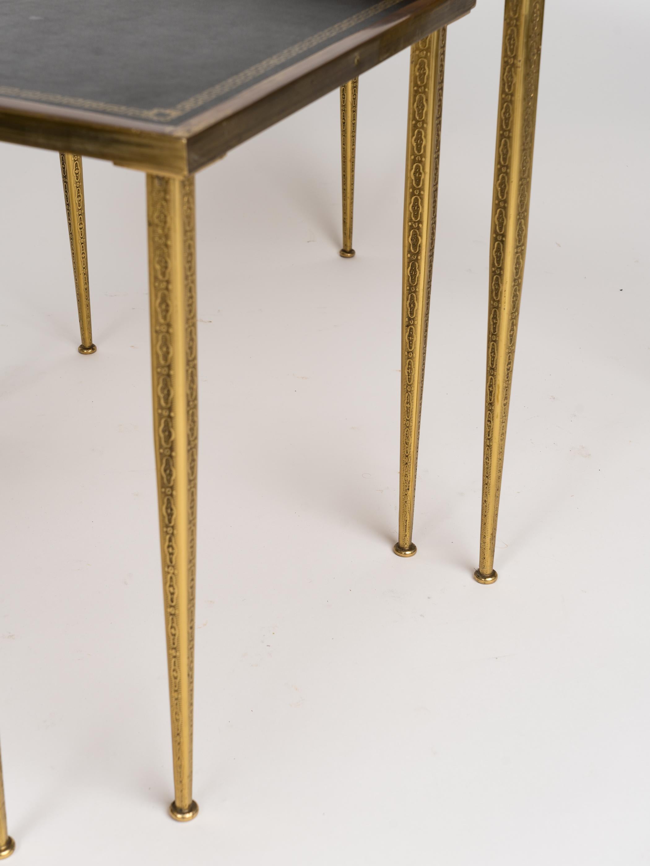 Mid-20th Century Three Neoclassical Brass & Black Leather Nesting Tables, Belgium, 1960's For Sale
