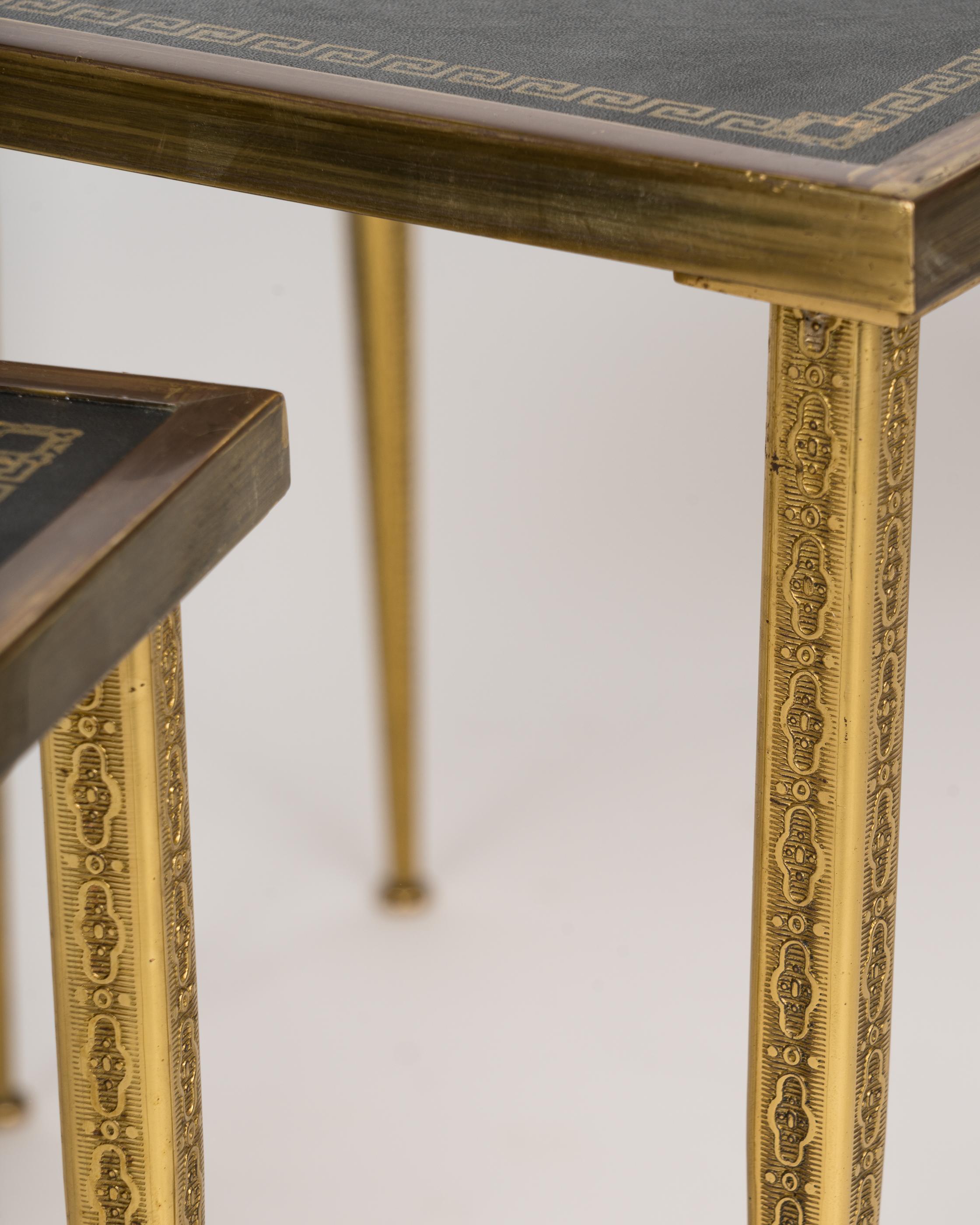 Three Neoclassical Brass & Black Leather Nesting Tables, Belgium, 1960's For Sale 1