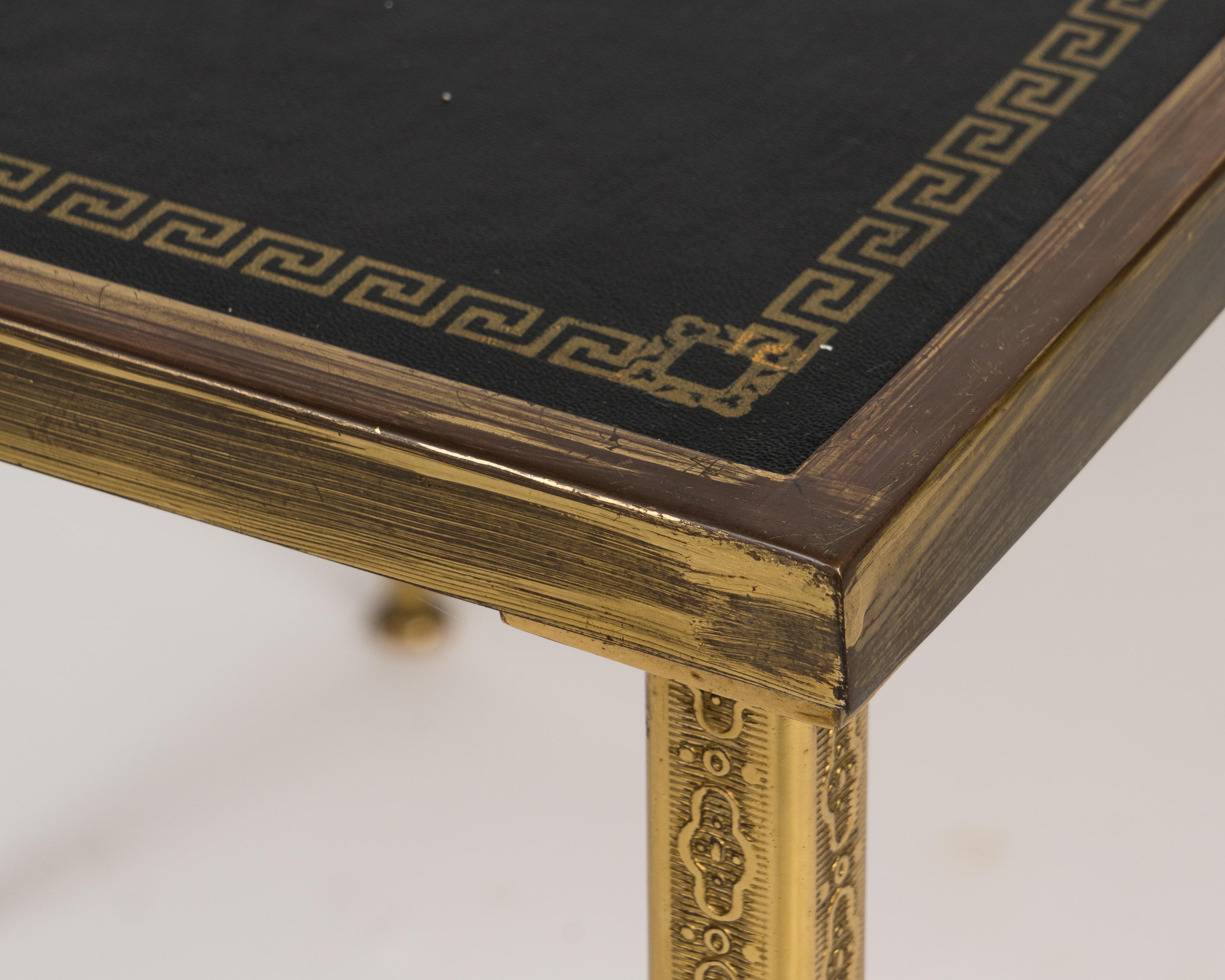 Three Neoclassical Brass & Black Leather Nesting Tables, Belgium, 1960's For Sale 2