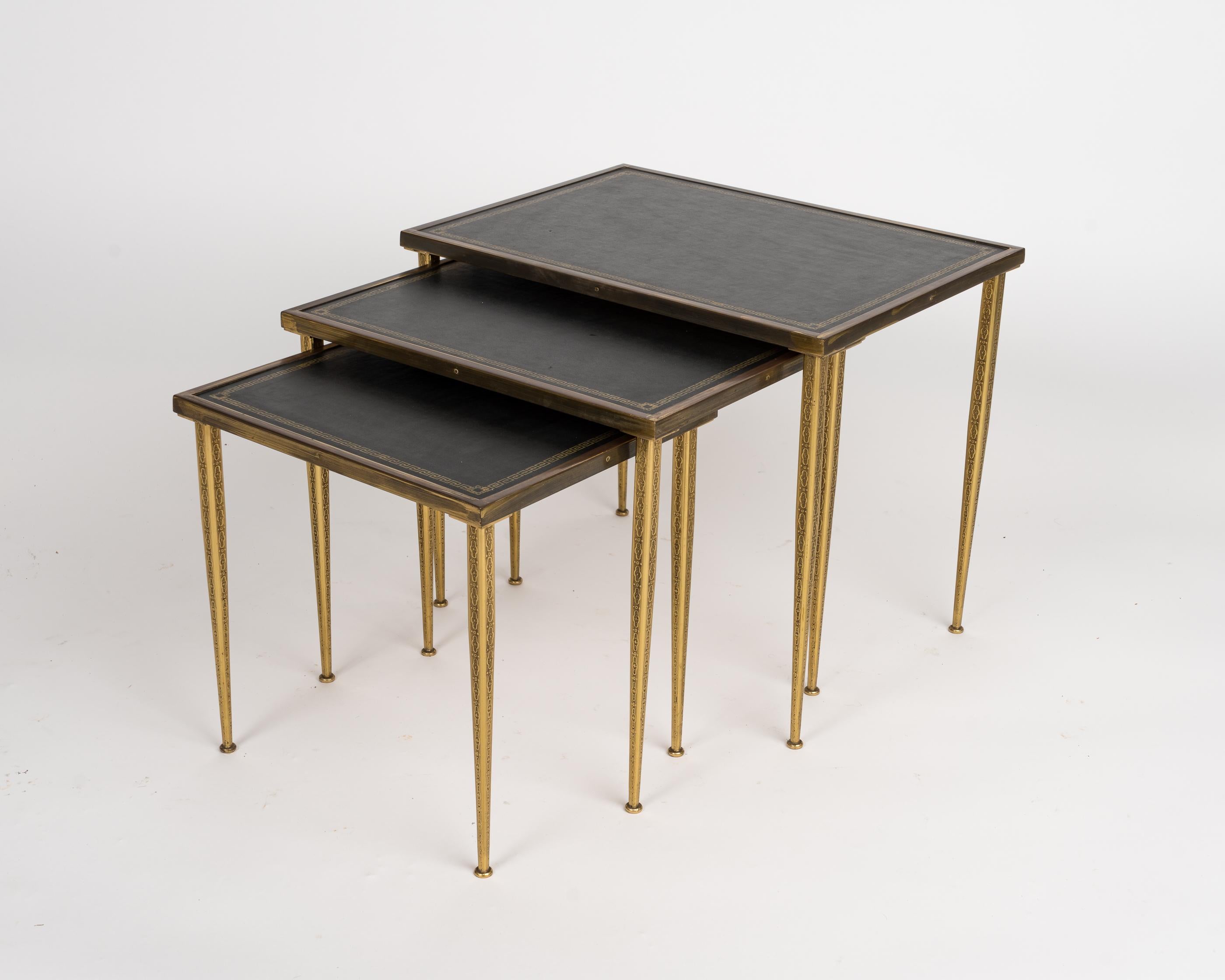 Three Neoclassical Brass & Black Leather Nesting Tables, Belgium, 1960's For Sale