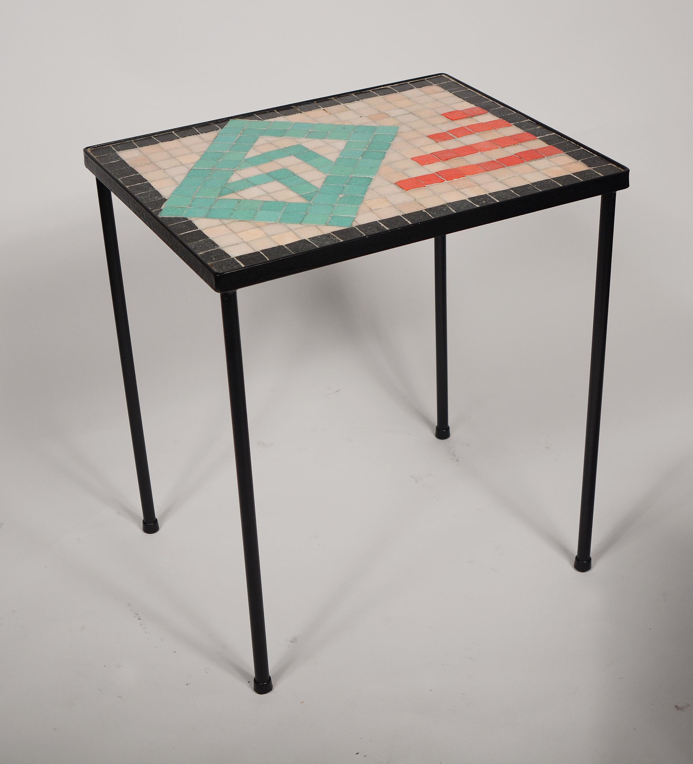 American Three Nesting Mid Century Iron and Mosaic Glass Tiles Table