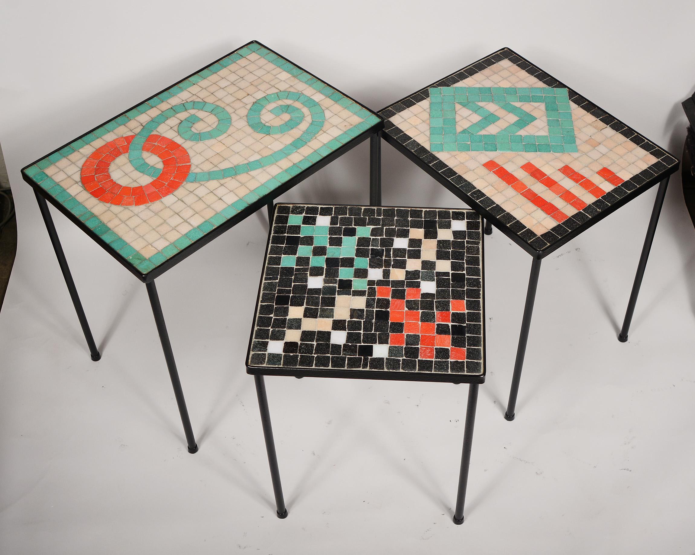 Three Nesting Mid Century Iron and Mosaic Glass Tiles Table 3