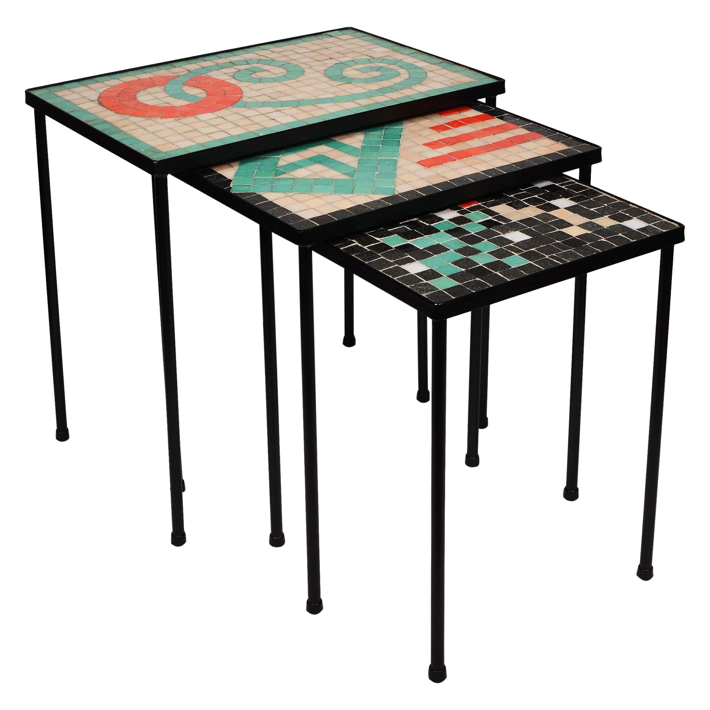 Three Nesting Mid Century Iron and Mosaic Glass Tiles Table