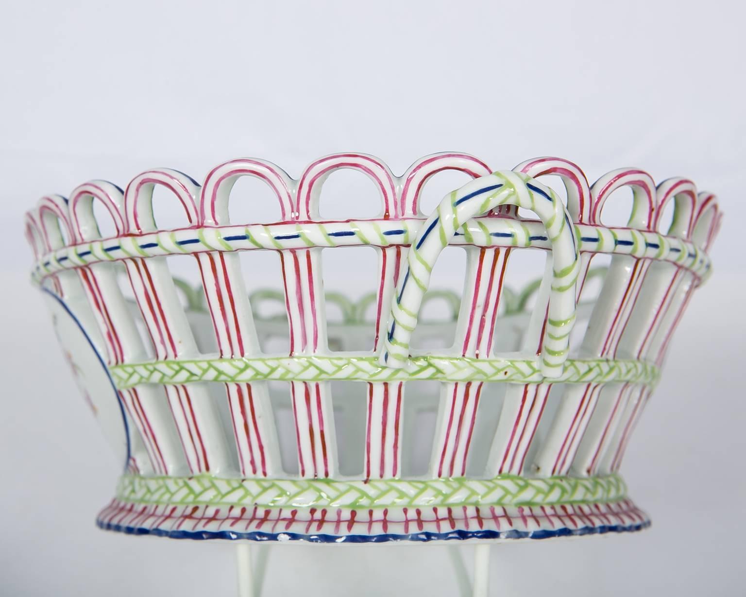 19th Century Three Antique Porcelain Pink and Green Niderviller Open-Work Baskets Circa 1800