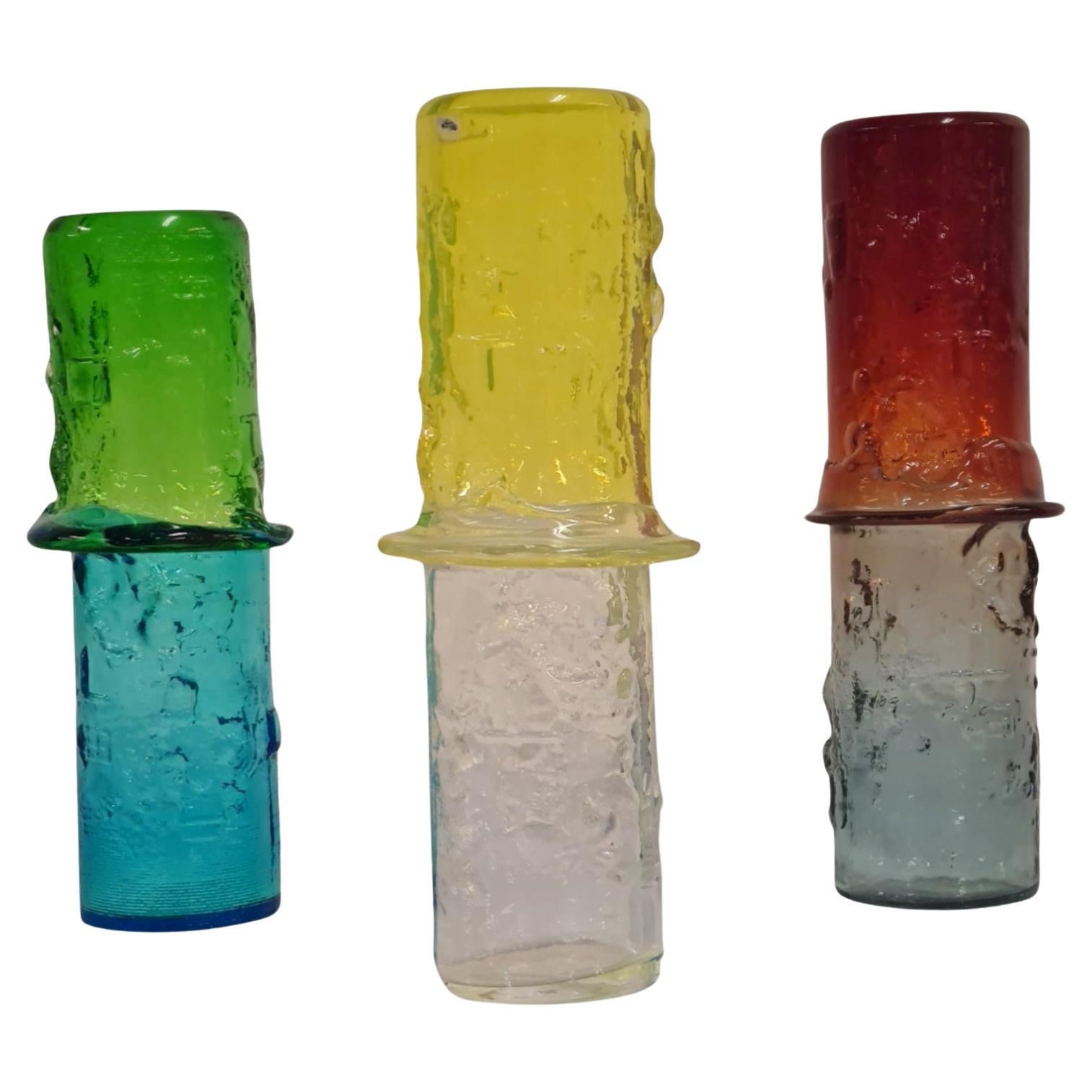 Set of Three Oiva Toikka N480  "Bambu" Coloured Glass Vases, Nuutajärvi 1960s
